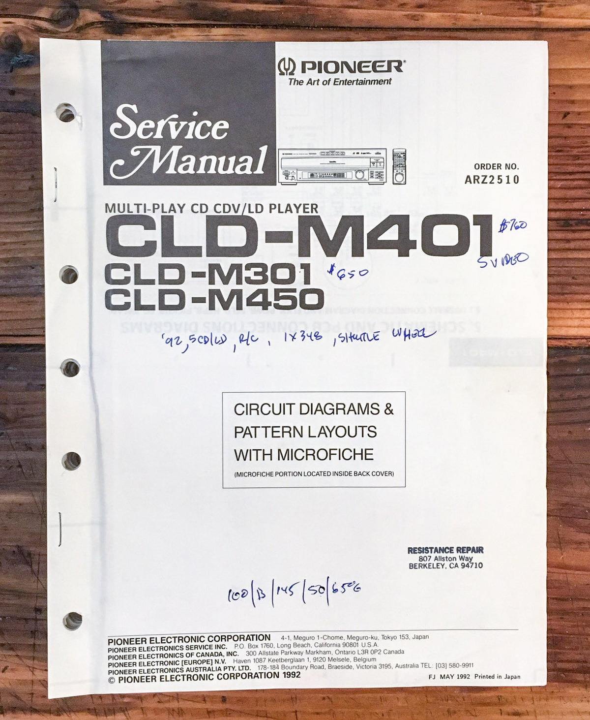 Pioneer CLD-M401 CLD-M301 CLD-M450 CD CDV LD Player Service Manual *Original*