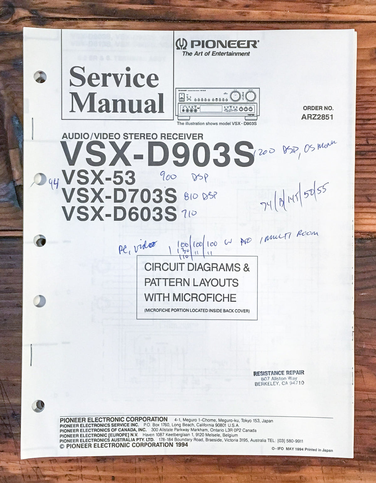 Pioneer VSX-D903S VSX-53 -D703S -D603S Receiver Service Manual *Original*