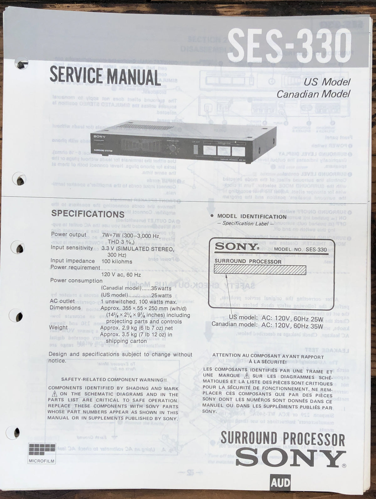 Sony SES-330 Processor Service Manual *Original*