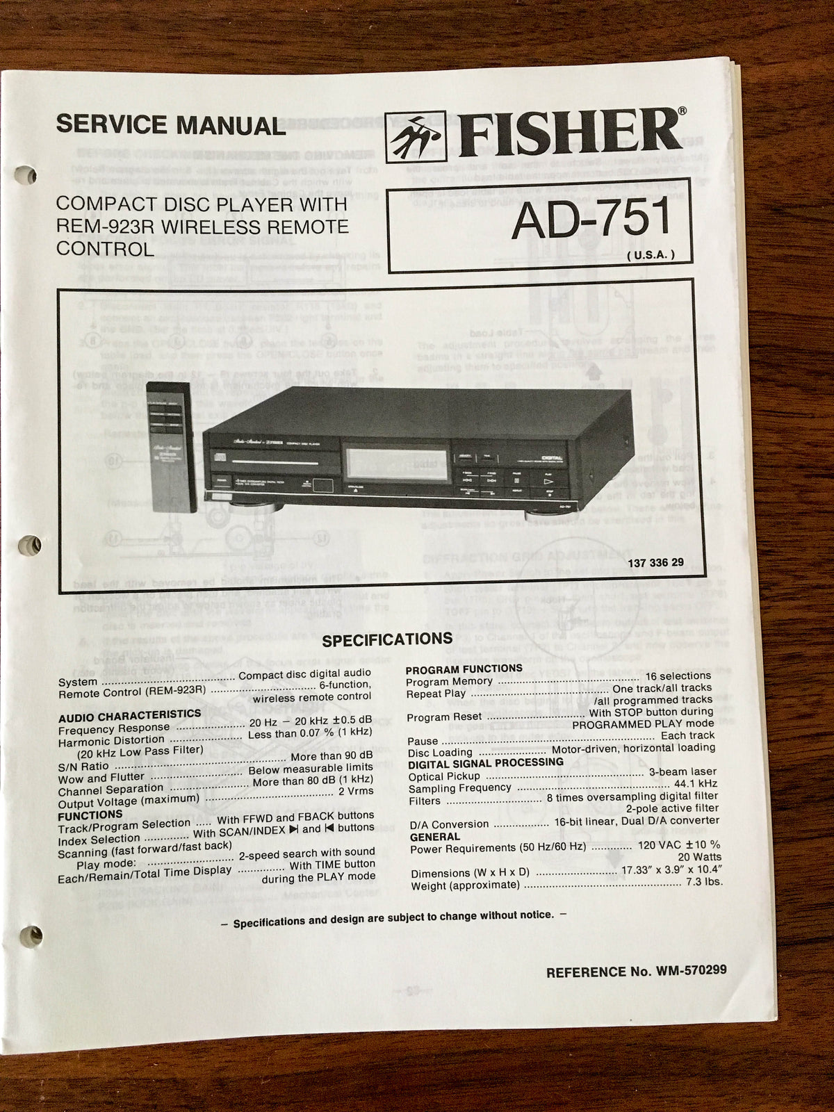Fisher AD-751 CD Player Service Manual *Original*