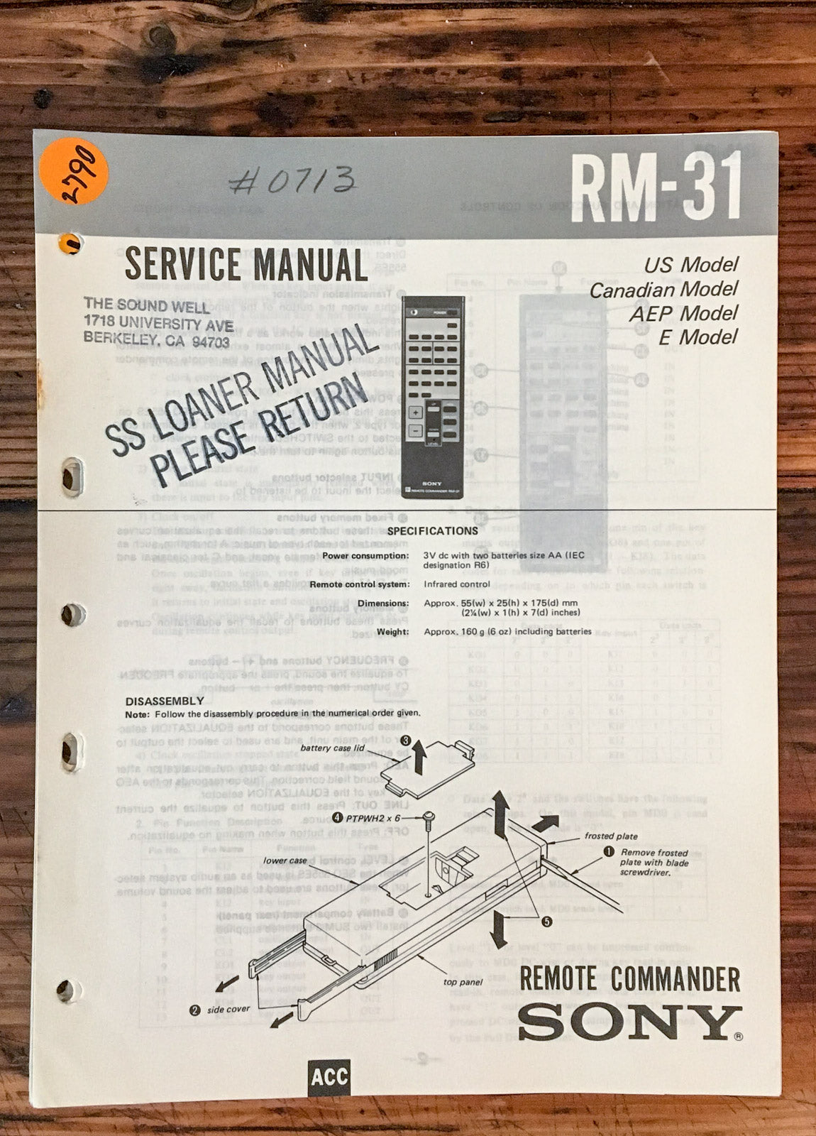 Sony RM-31 Remote Control Service Manual *Original*