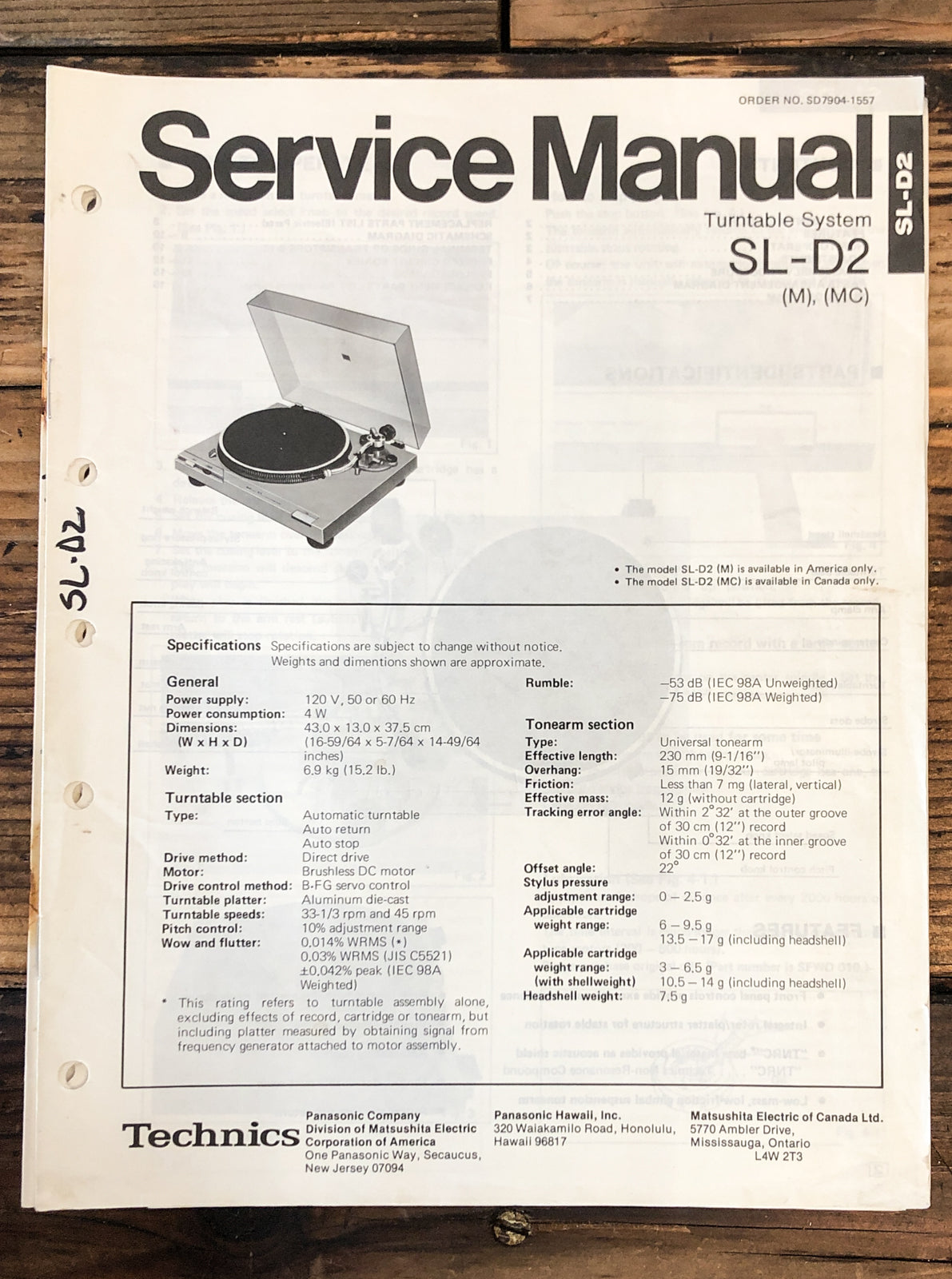 Technics SL-D2 Record Player / Turntable Service Manual *Original*
