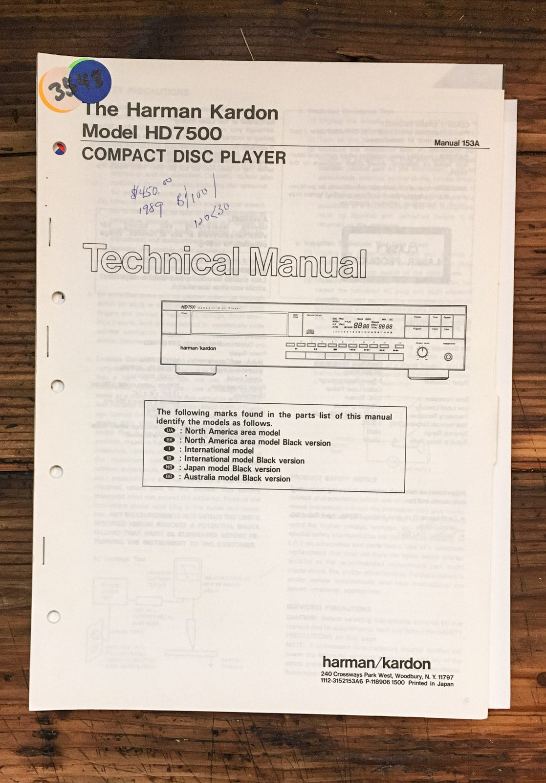 Harman Kardon 7500 HD-7500 CD Player Service Manual *Original*