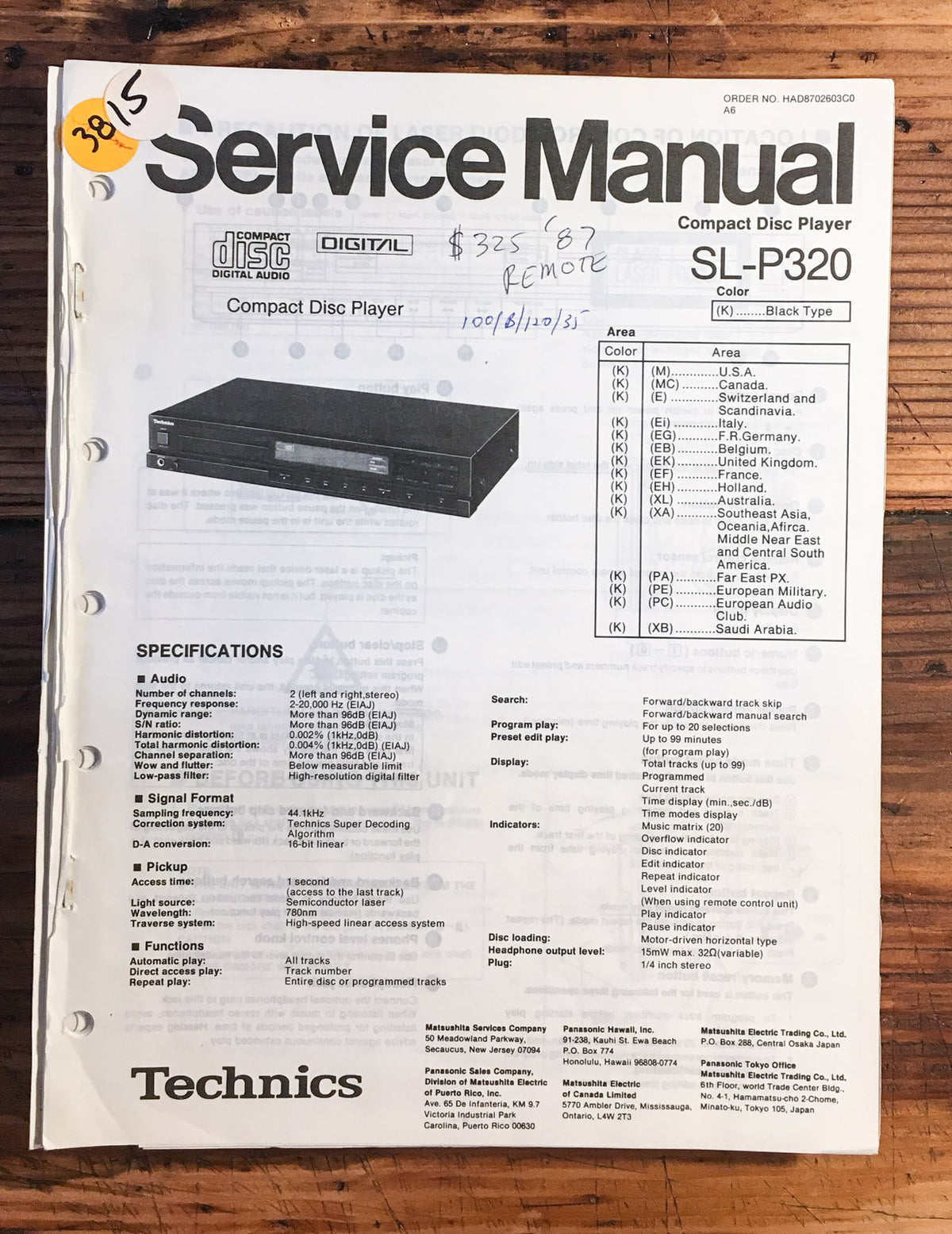 Technics SL-P320 Service Manual *Original*