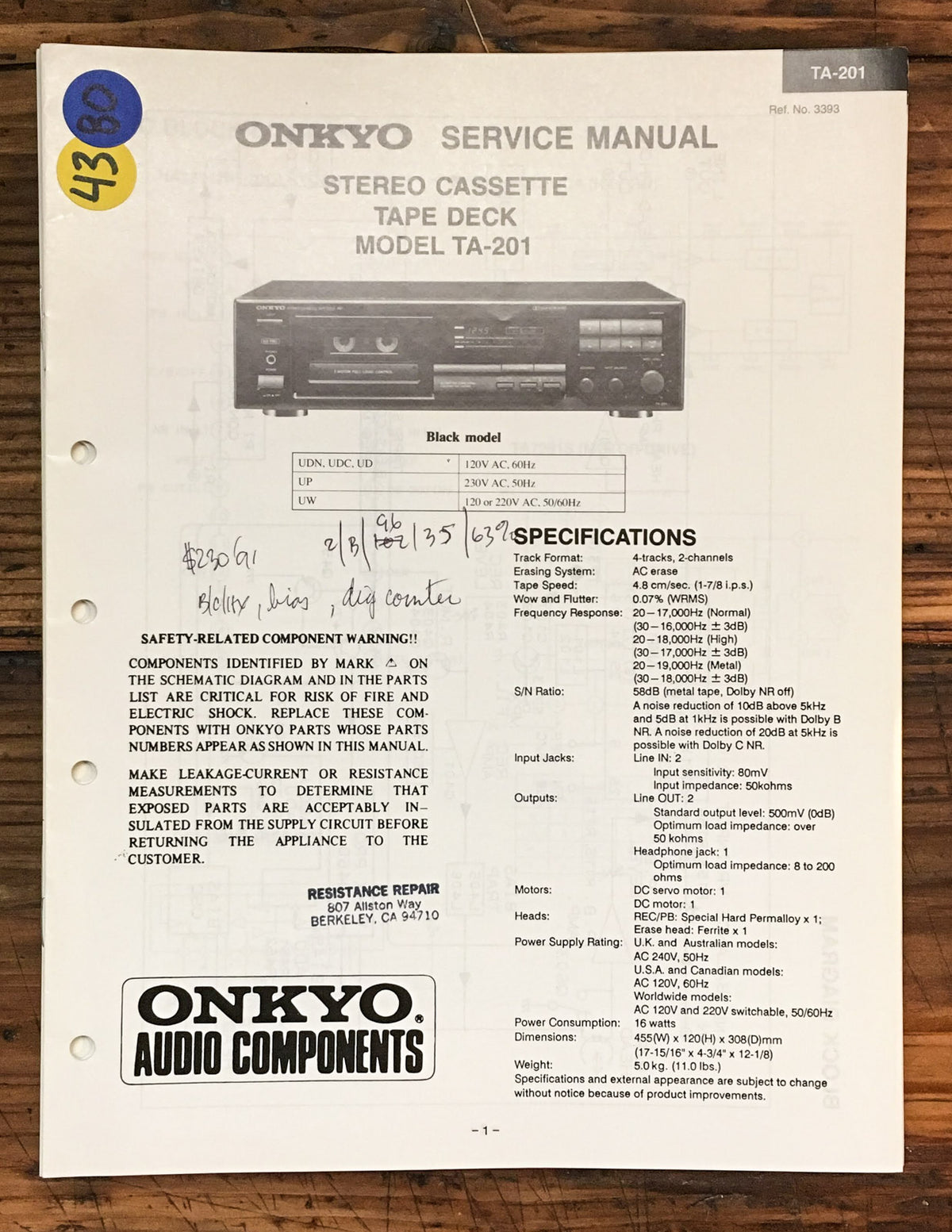Onkyo TA-201 Cassette Service Manual *Original*