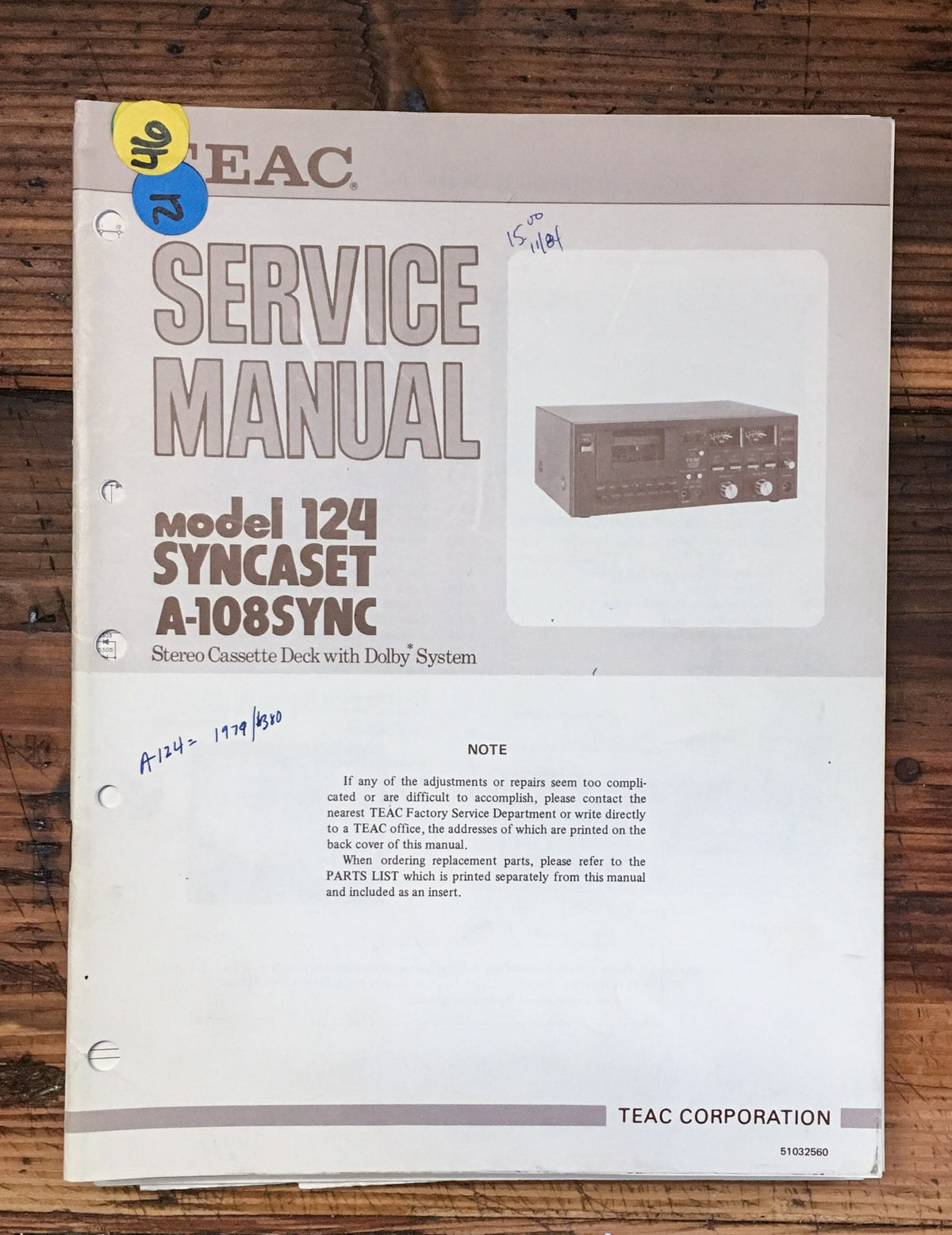 Teac Model 124 A-108SYNC Cassette Service Manual *Original*