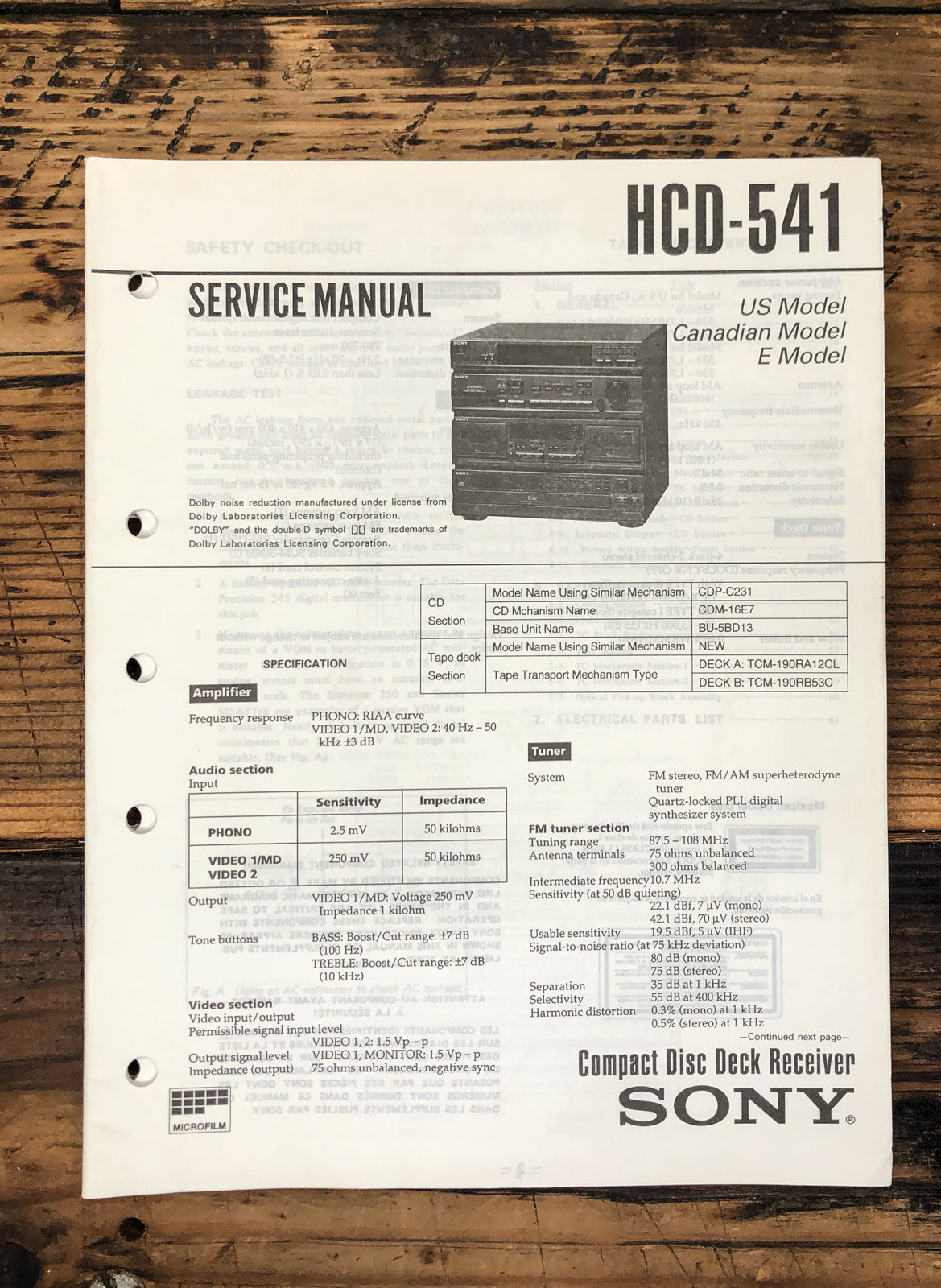 Sony HCD-541 Stereo Service Manual *Original* #1