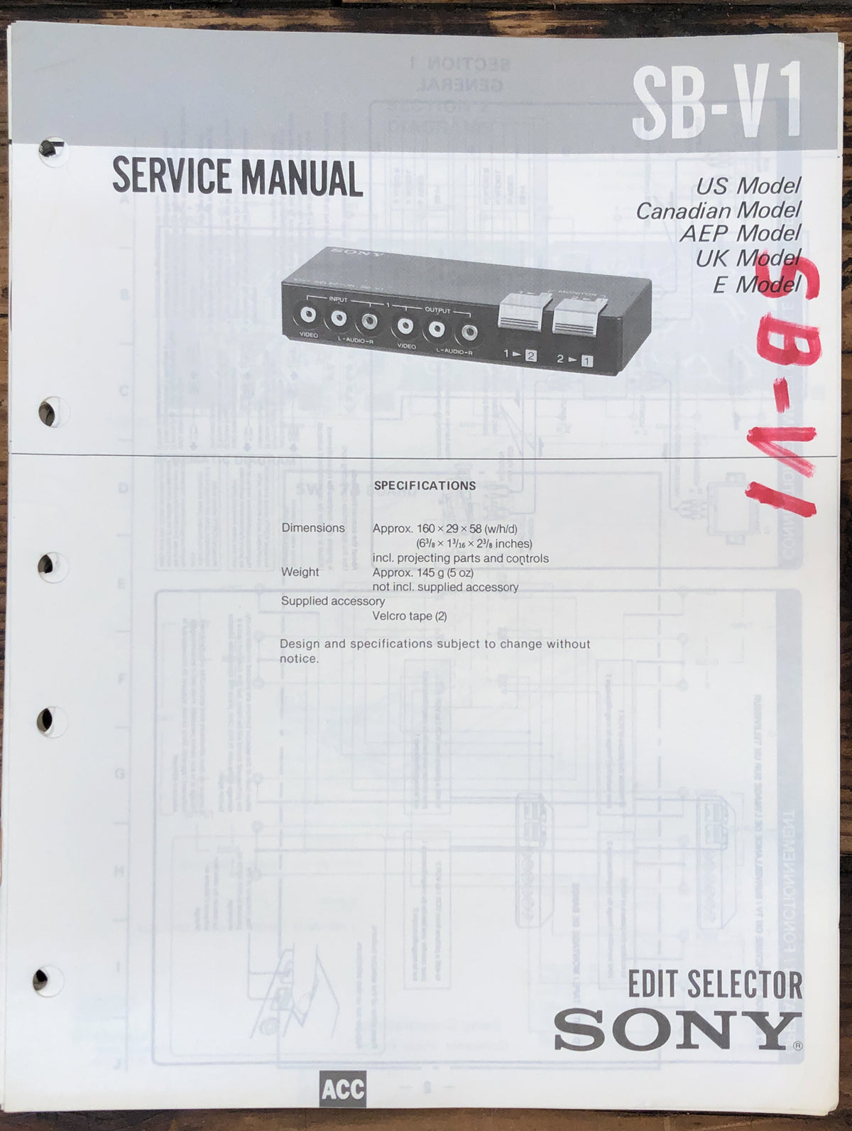 Sony SB-V1 Edit Selector Service Manual *Original*