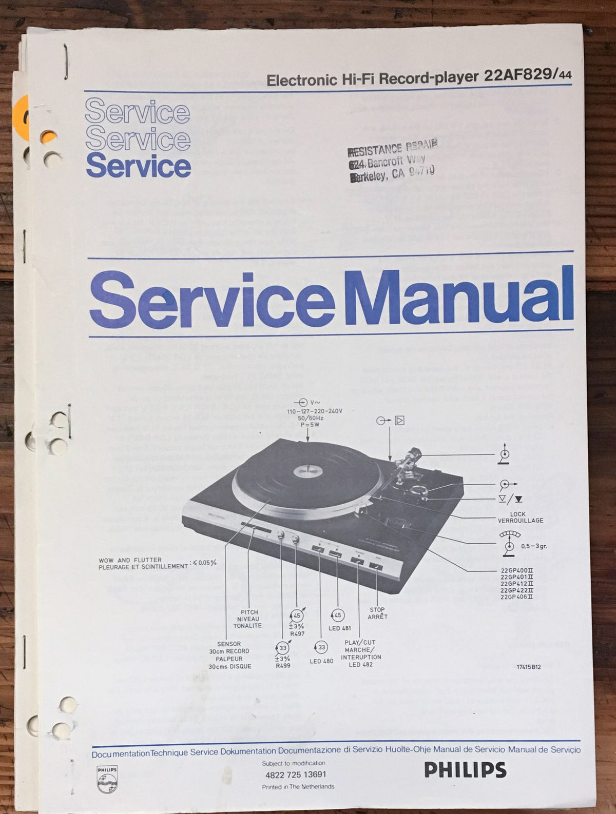 Philips AF-829 Record Player / Turntable Service Manual *Original*