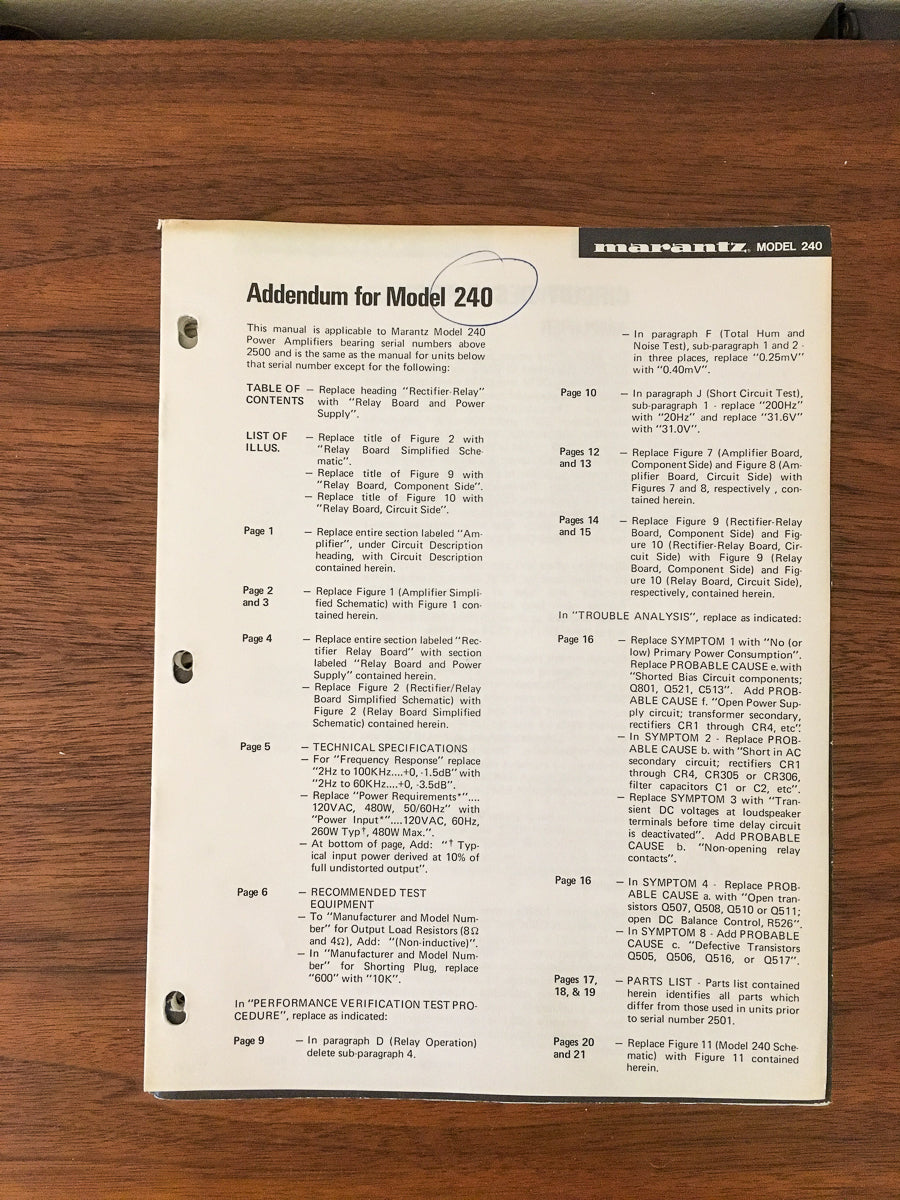 Marantz Model 240 Amplifier Service Manual Addendum *Original*