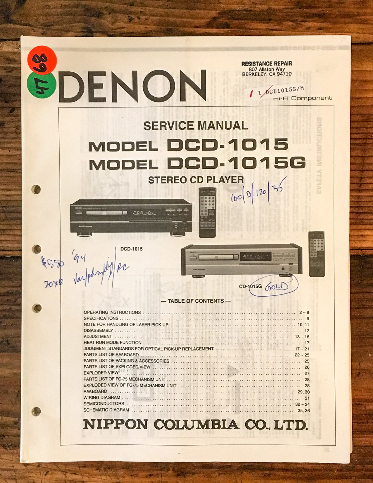Denon DCD-1015 DCD-1015G CD Player Service Manual *Original*
