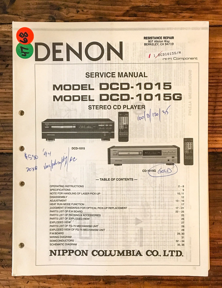 Denon DCD-1015 CD Player Service Manual *Original* – Vintage Audio Store - Vintage Service Manuals, Stereo Brochures Parts