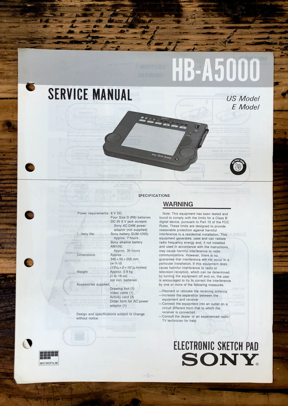 Sony HB-A5000 Sketch Pad Service Manual *Original*