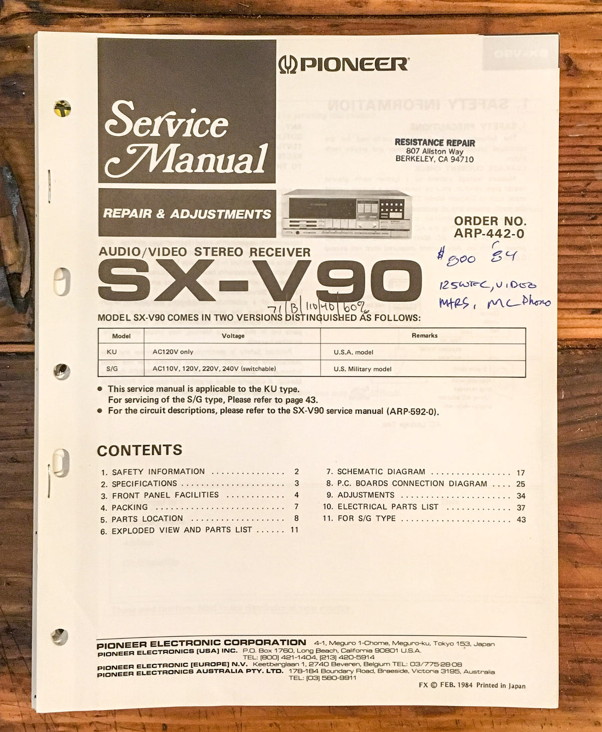 Pioneer SX-V90 Receiver Service Manual *Original*