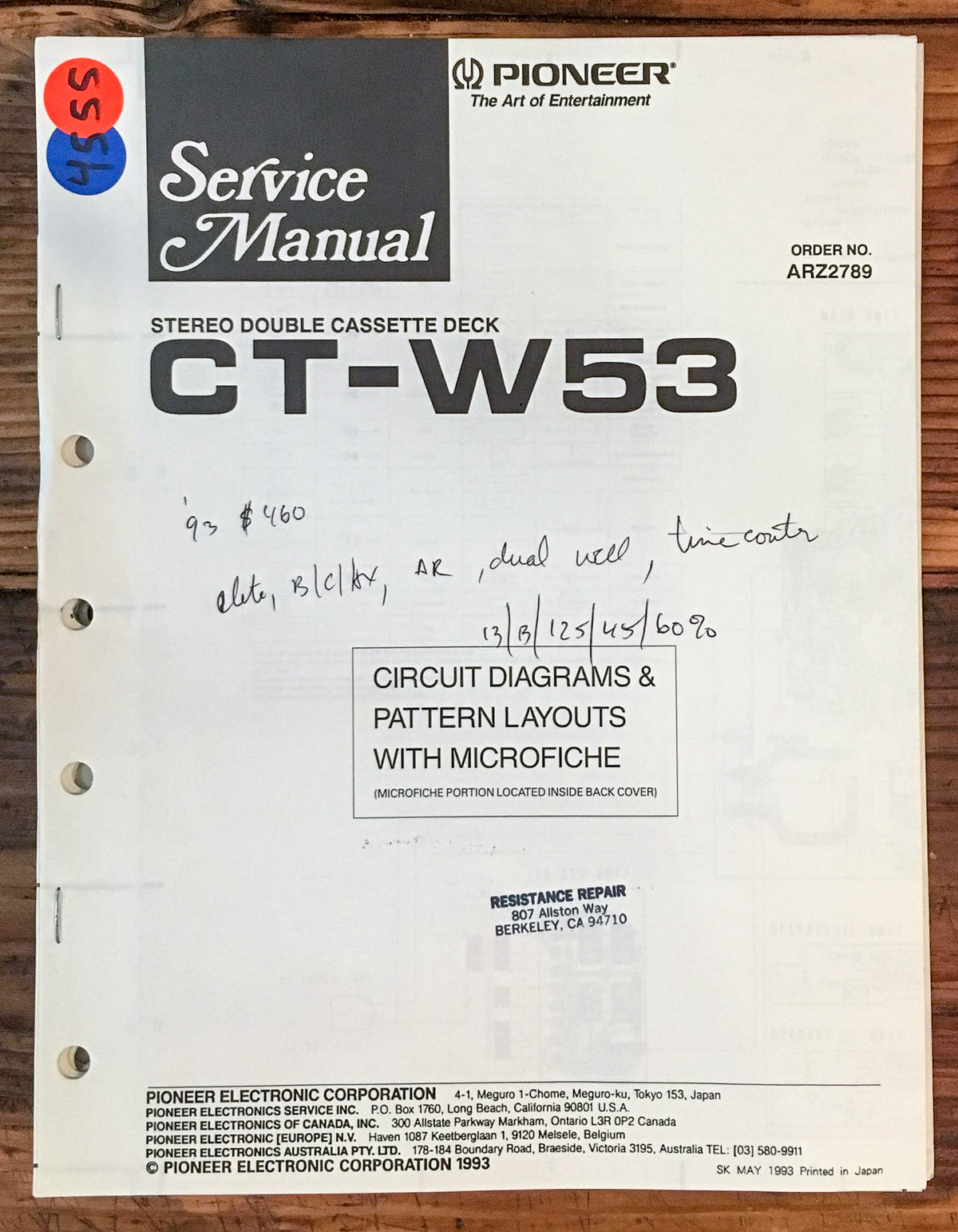 Pioneer CT-W53 Cassette Deck Service Manual *Original*