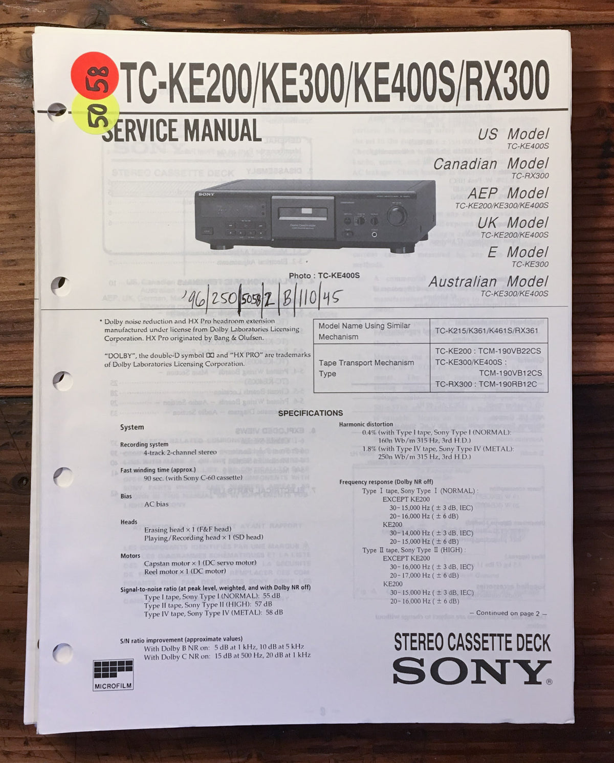 Sony TC-KE200 TC-KE300 TC-KE400S TC-RX300 Cassette Service Manual *Original*