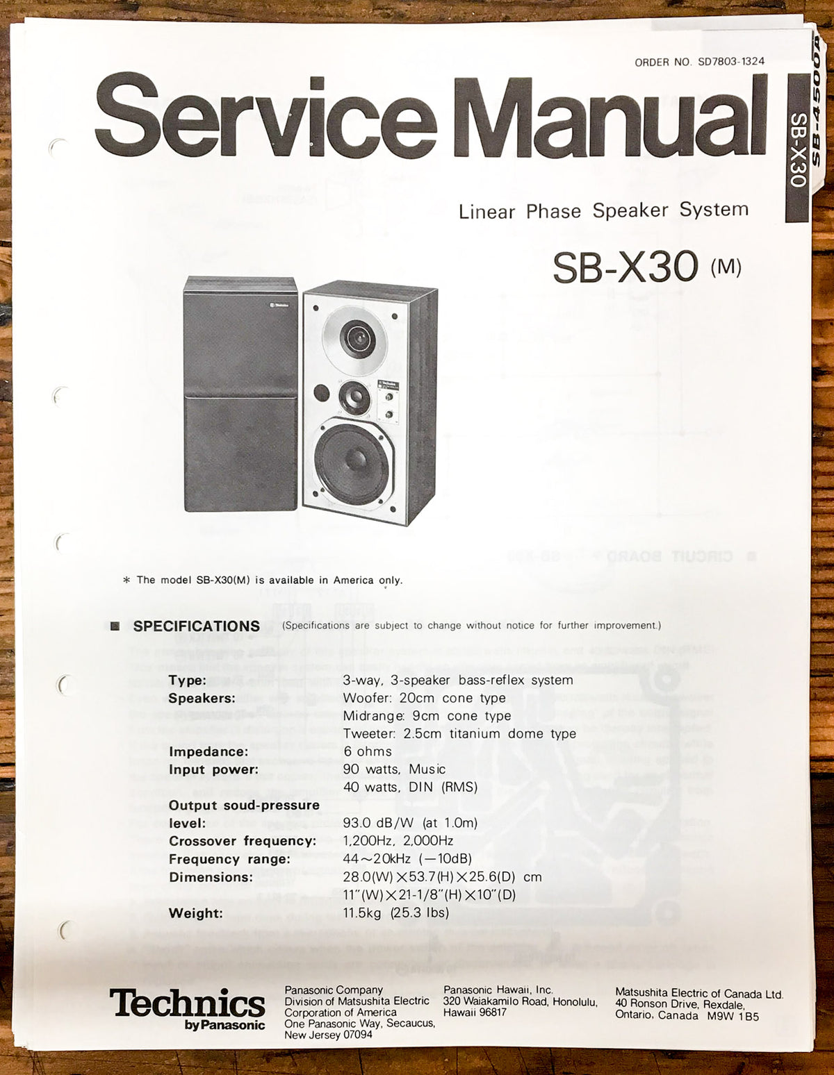 Technics SB-X30 Speaker Service Manual *Original*