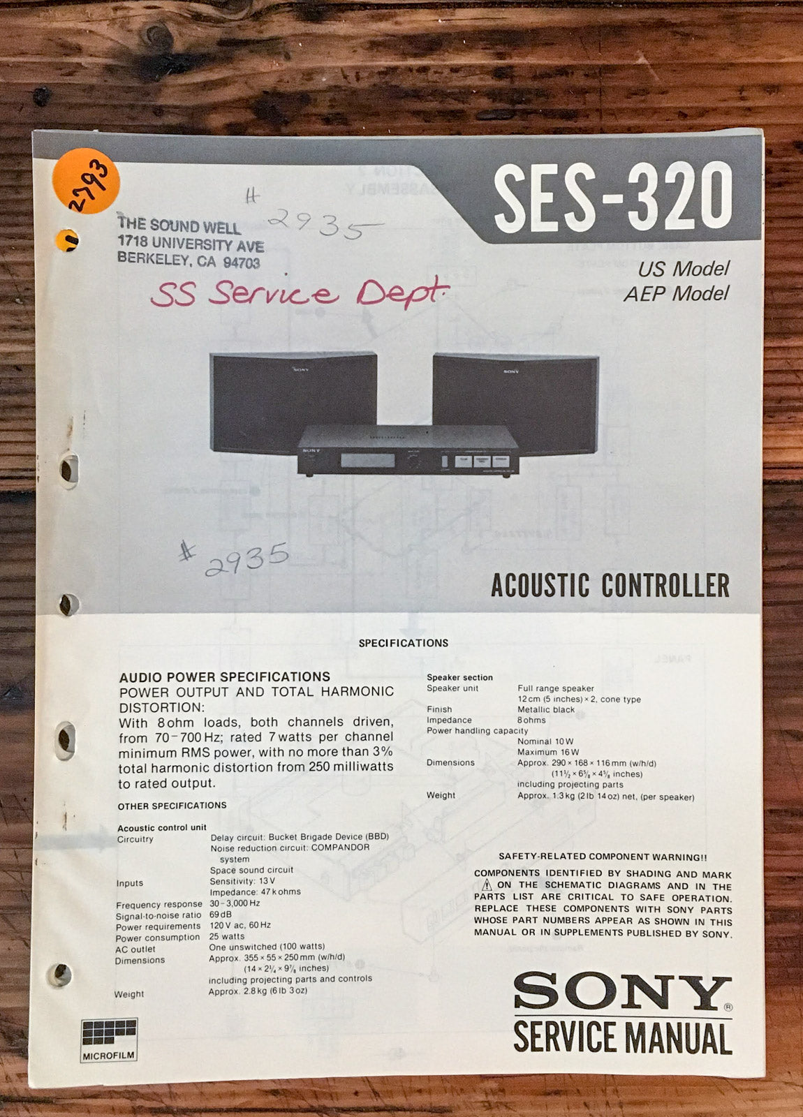 Sony SES-320 Acoustic Controller Service Manual *Original*