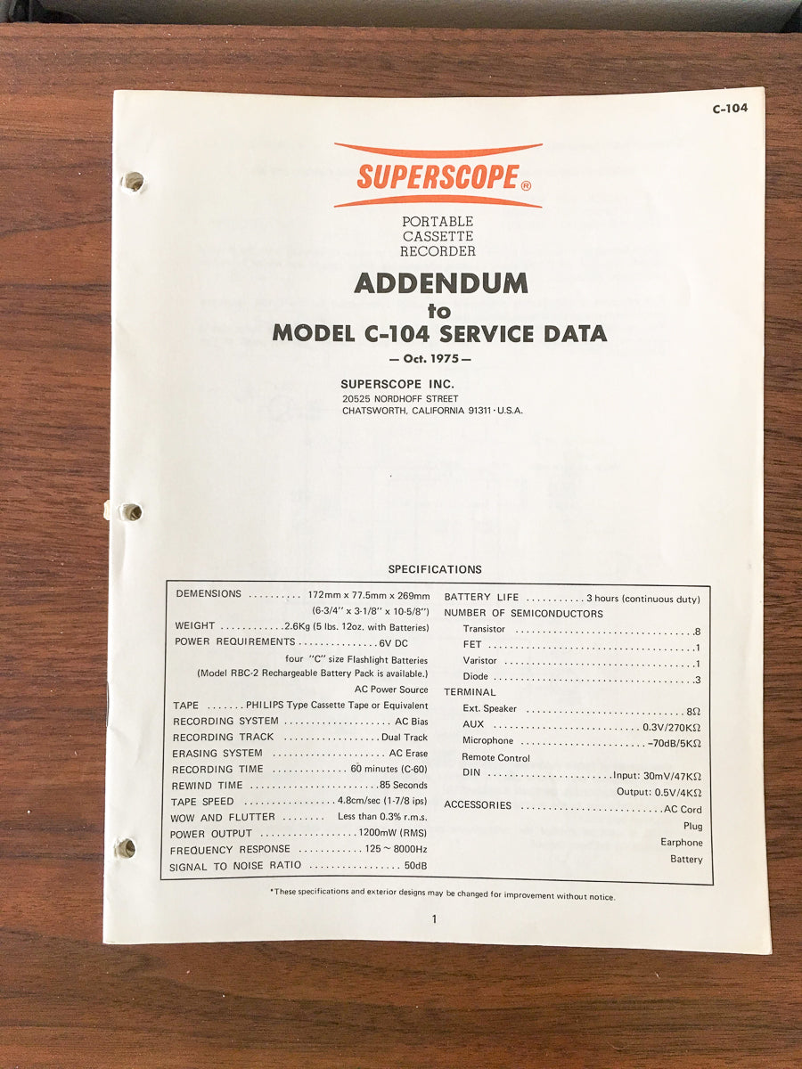 Superscope C-104 Cassette Recorder Service Manual Addendum*Original*