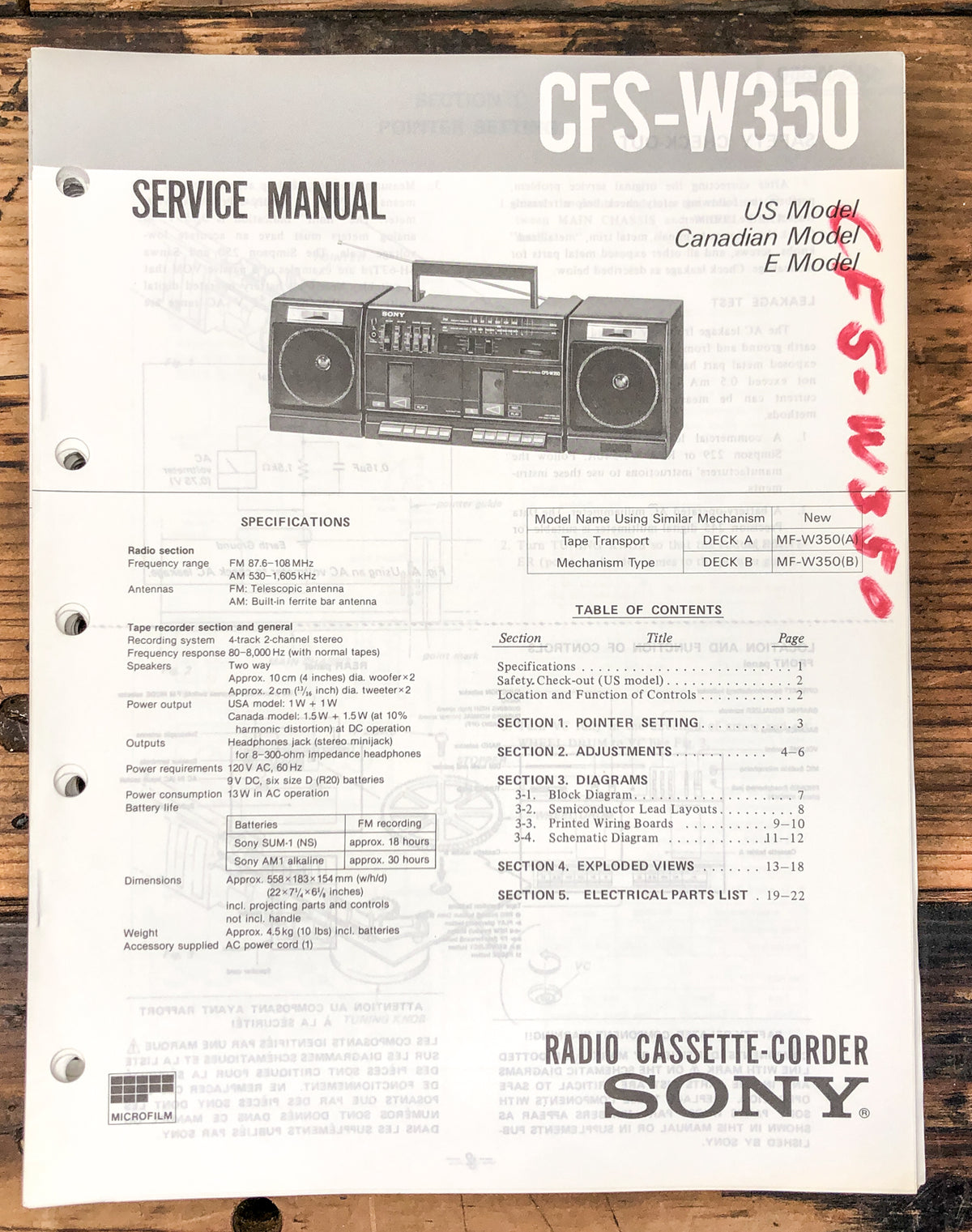 Sony CFS-W350 Radio / Boombox Service Manual *Original*