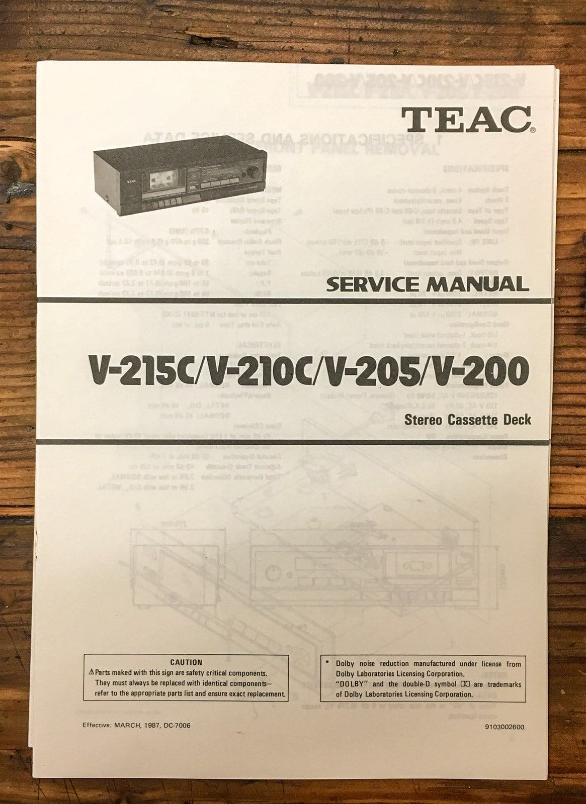 Teac V-215C V-210C V-205 V-200 Cassette Deck Service Manual *Original*