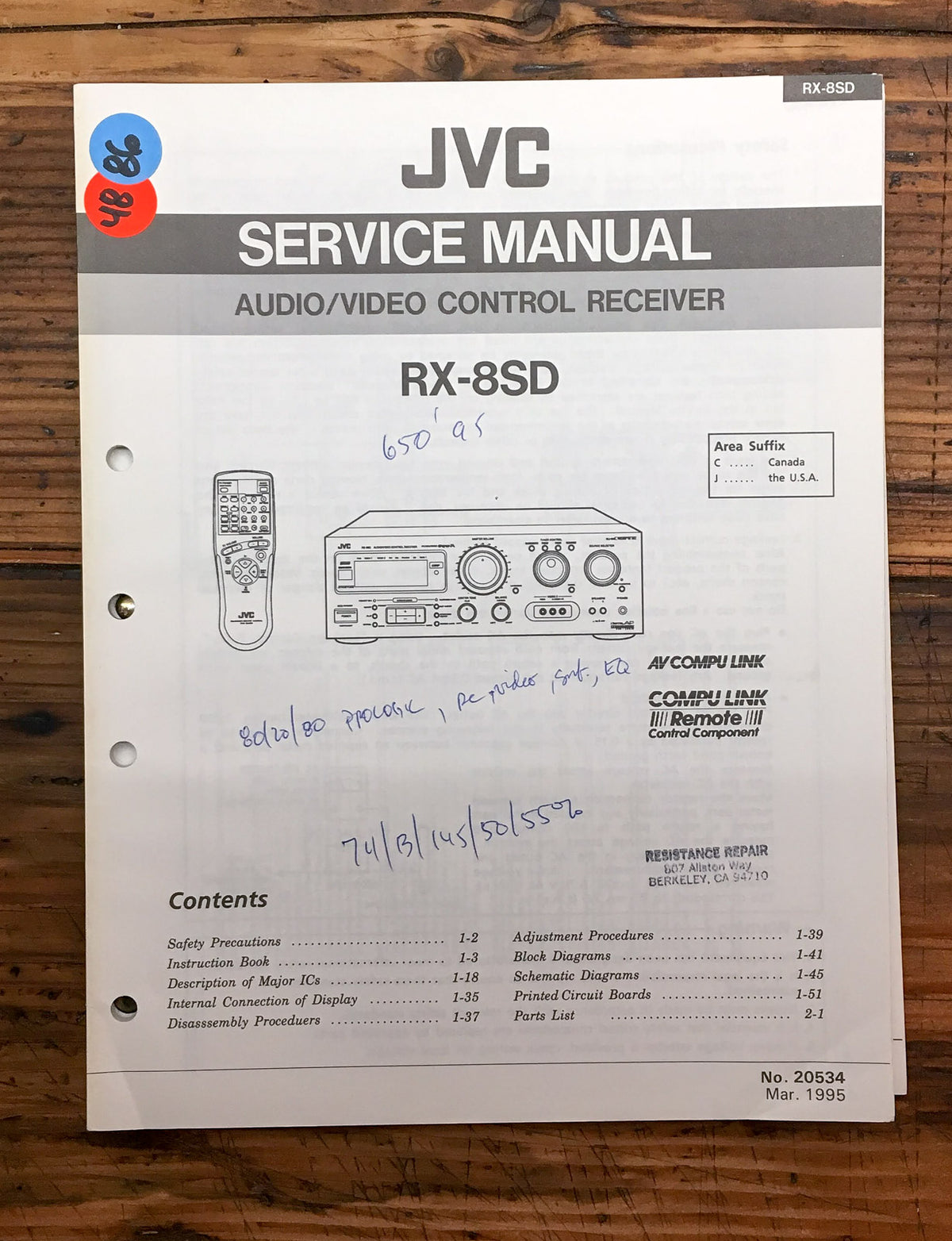 JVC RX-8 RX-8SD Receiver Additional Service Manual *Original*