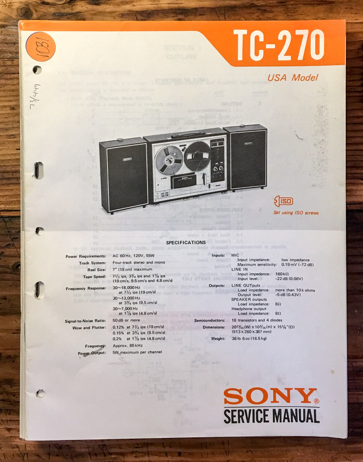 Sony TC-270 Cassette Service Manual *Original*