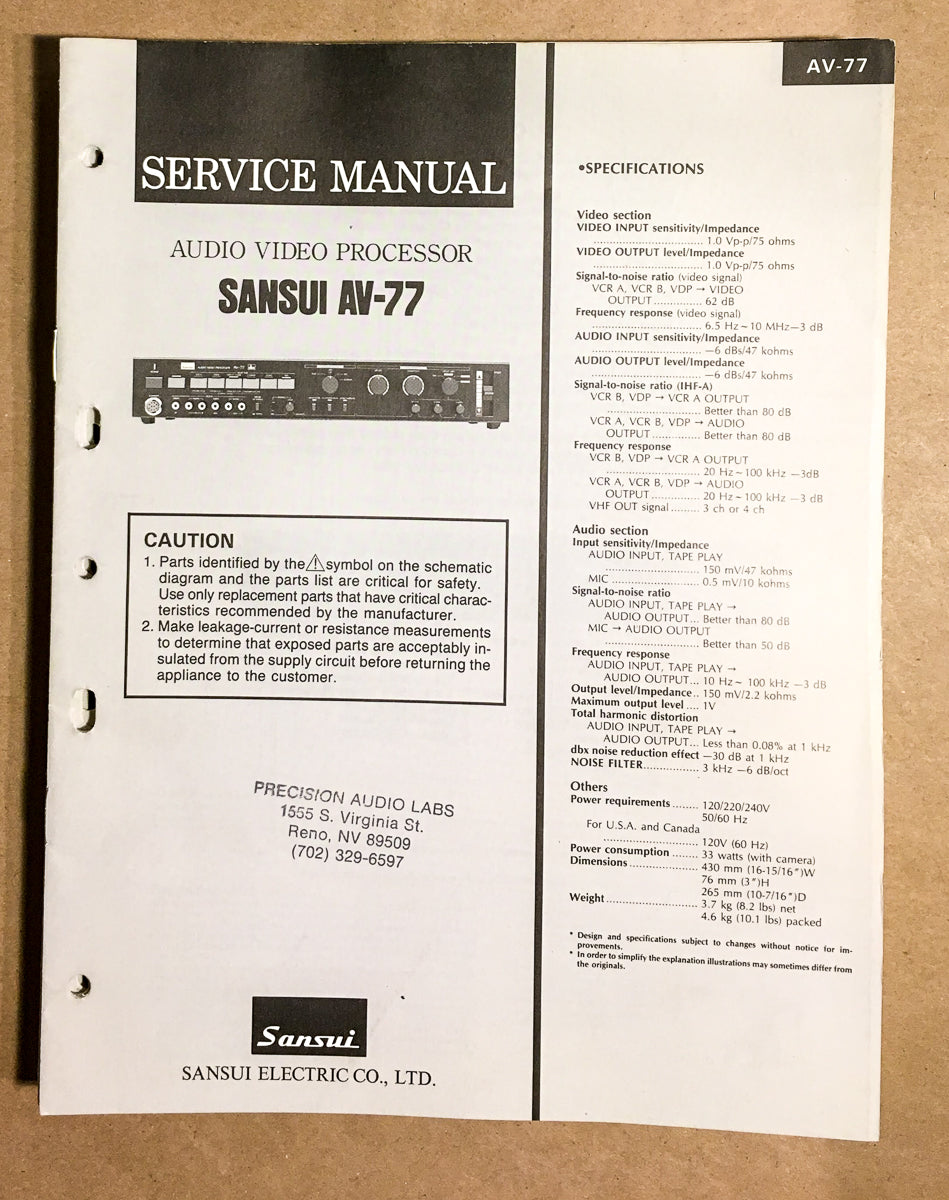 Sansui AV-77 AV Control Center Service Manual *Original*
