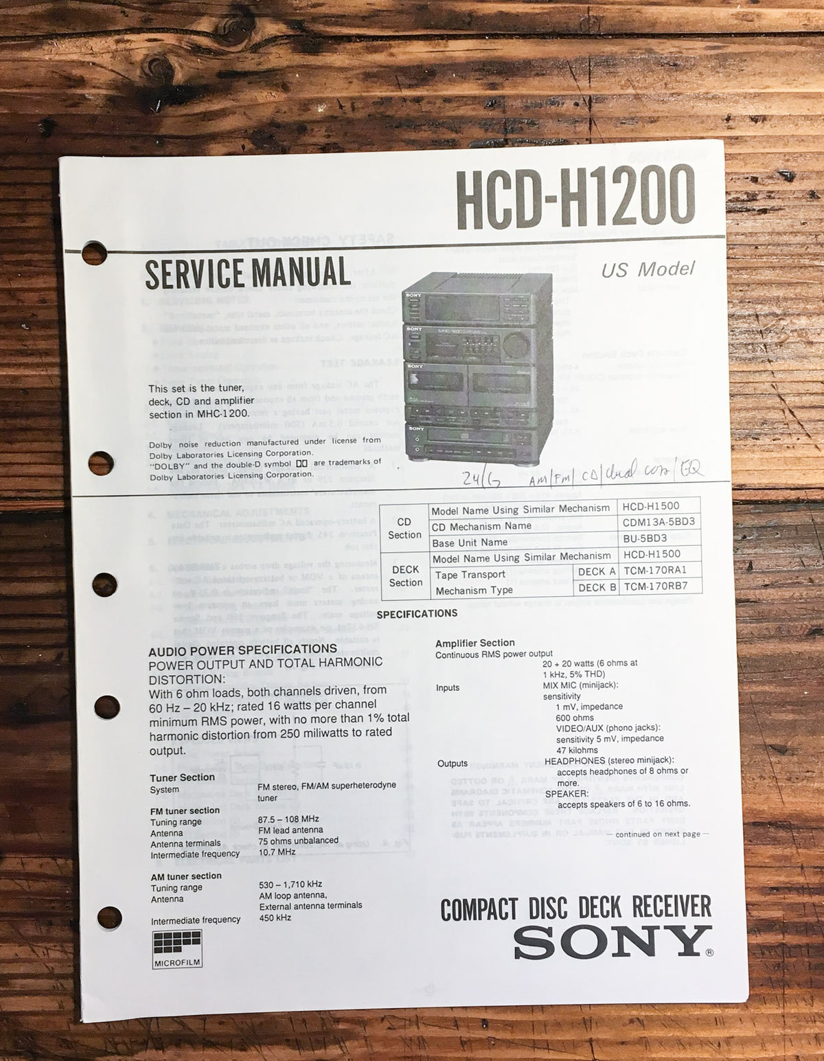 Sony HCD-H1200 Stereo System Service Manual *Original*