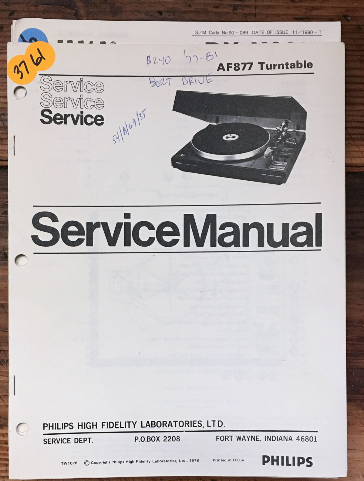 Philips AF-877 AF877 Record Player / Turntable Service Manual *Original*