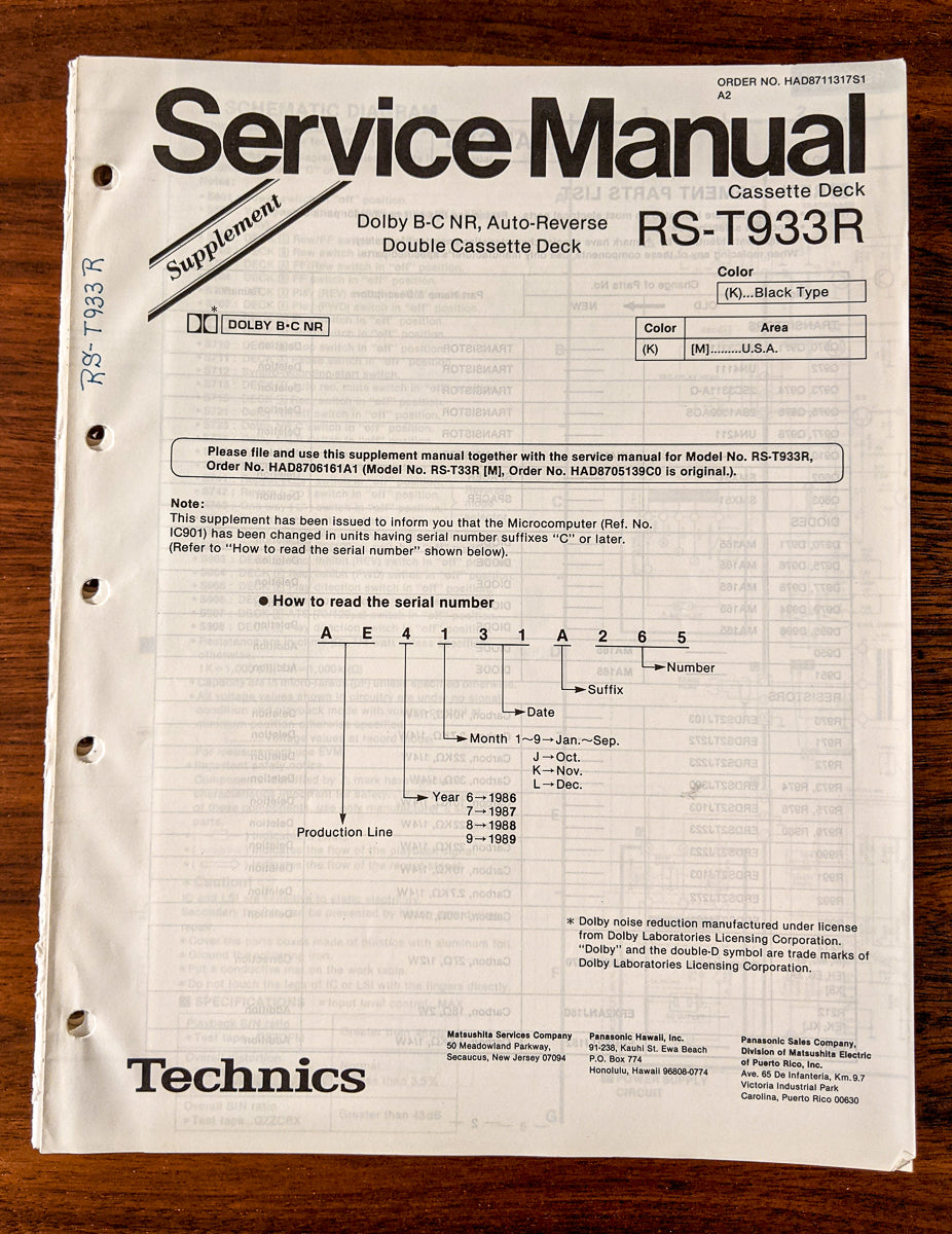 Panasonic RX-T933R Radio Cassette Service Manual Supplement *Original*