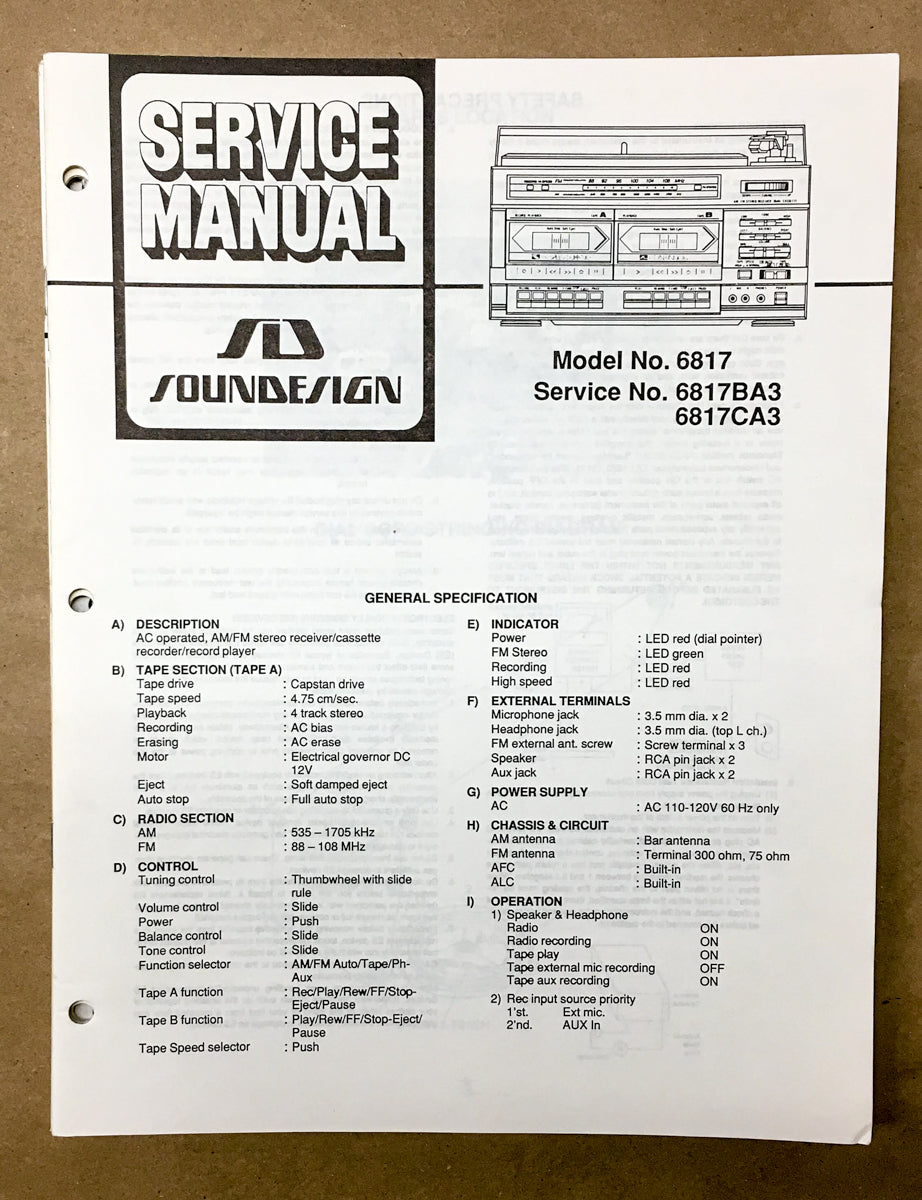 Soundesign Model 6817 6817BA3 Stereo Service Manual *Original*