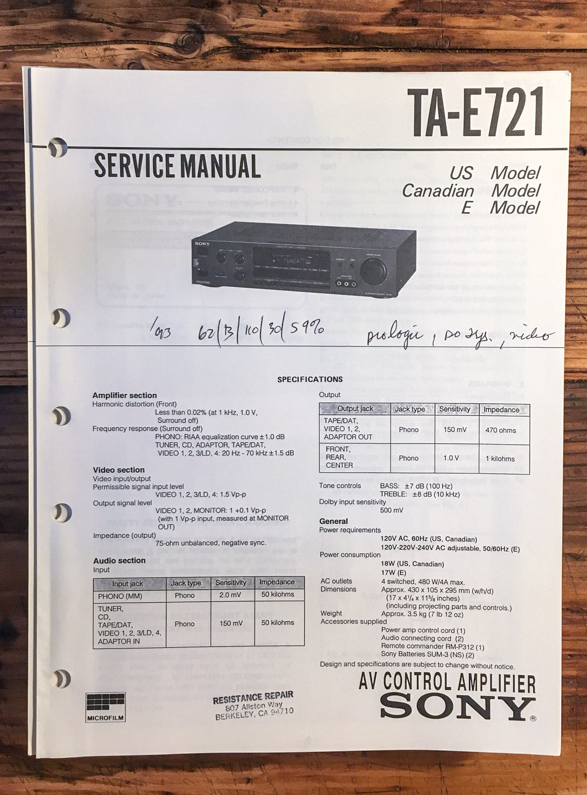 Sony TA-E721 Preamp / Preamplifier Service Manual *Original*