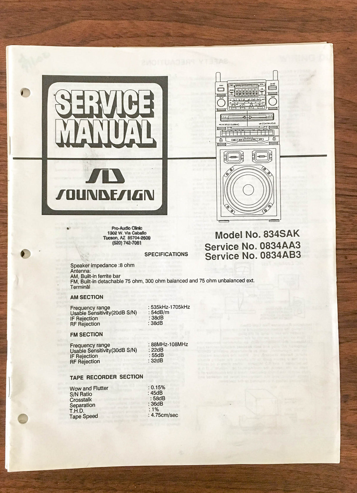 SoundDesign Sound Design Model 834SAK Stereo Service Manual *Original*