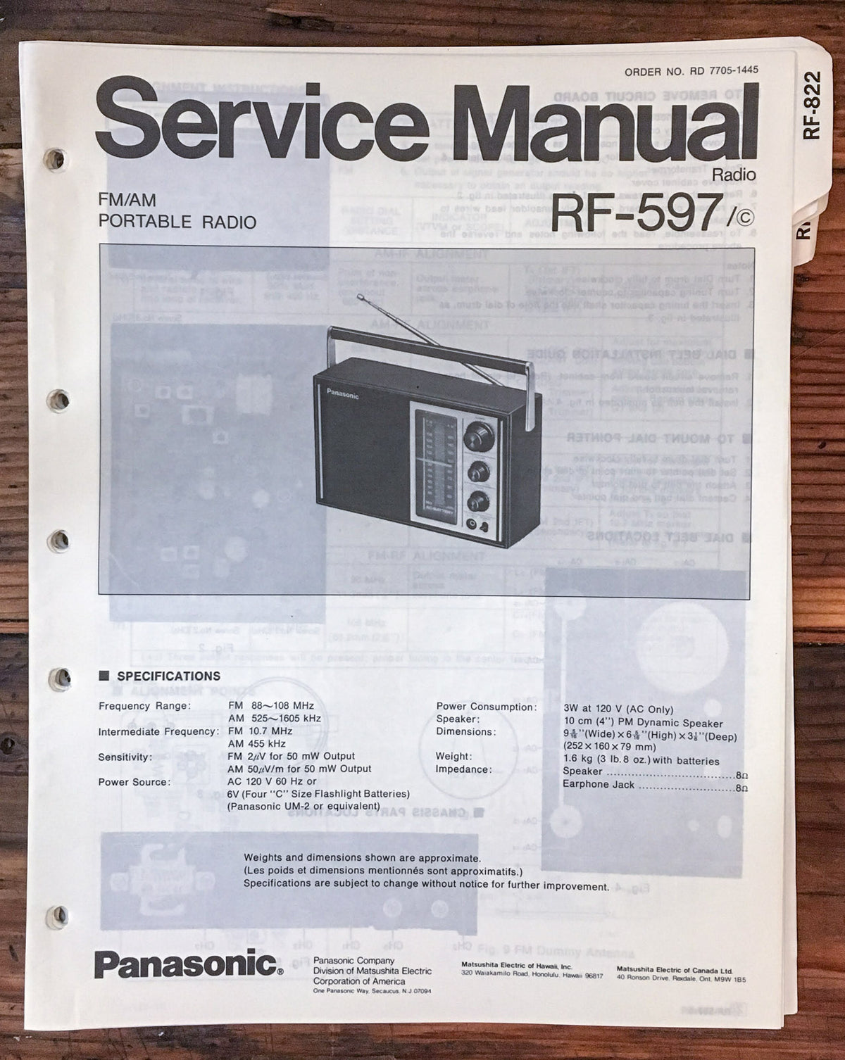 Panasonic RF-597 Radio Service Manual *Original*