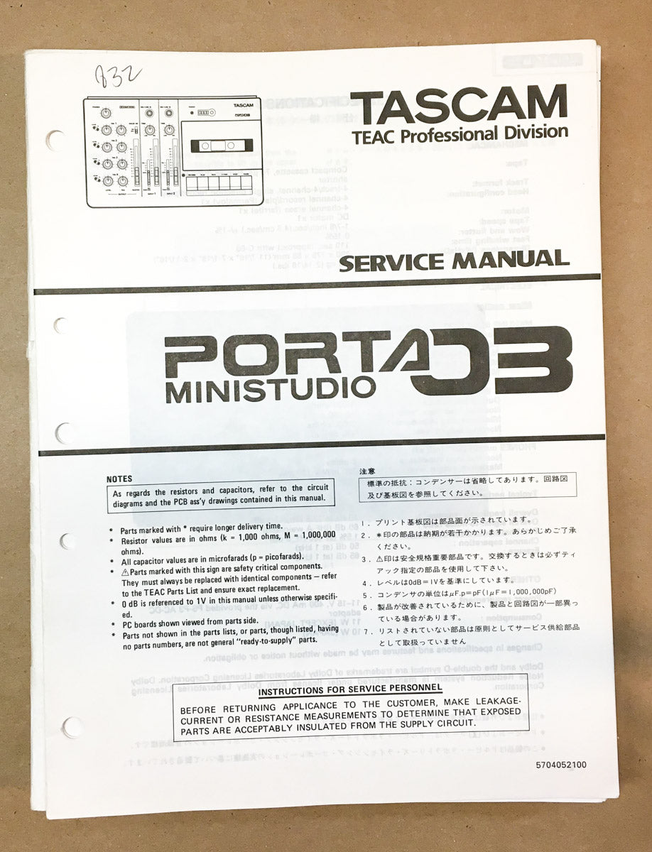 Teac Mini Studio Porta 3 Three Mixing Console Service Manual *Original*