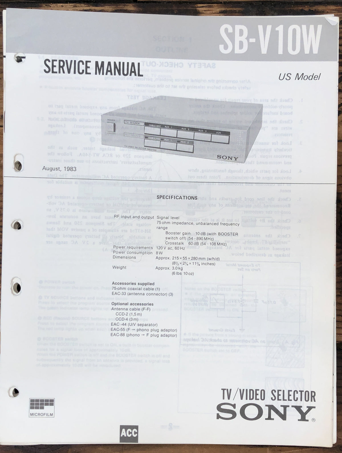 Sony SB-V10W Selector Service Manual *Original*