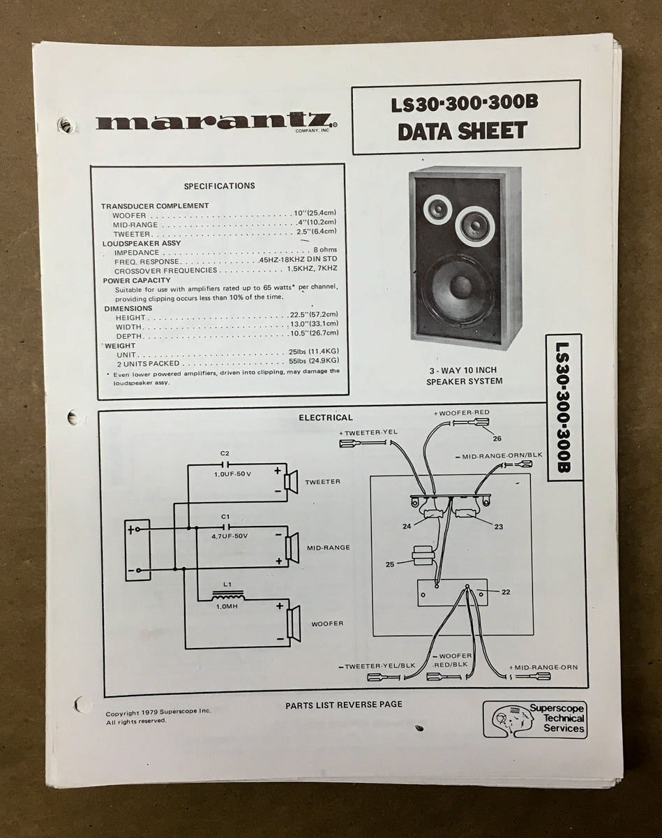Marantz LS30 LS300 LS300B Speaker Service Manual *Original*