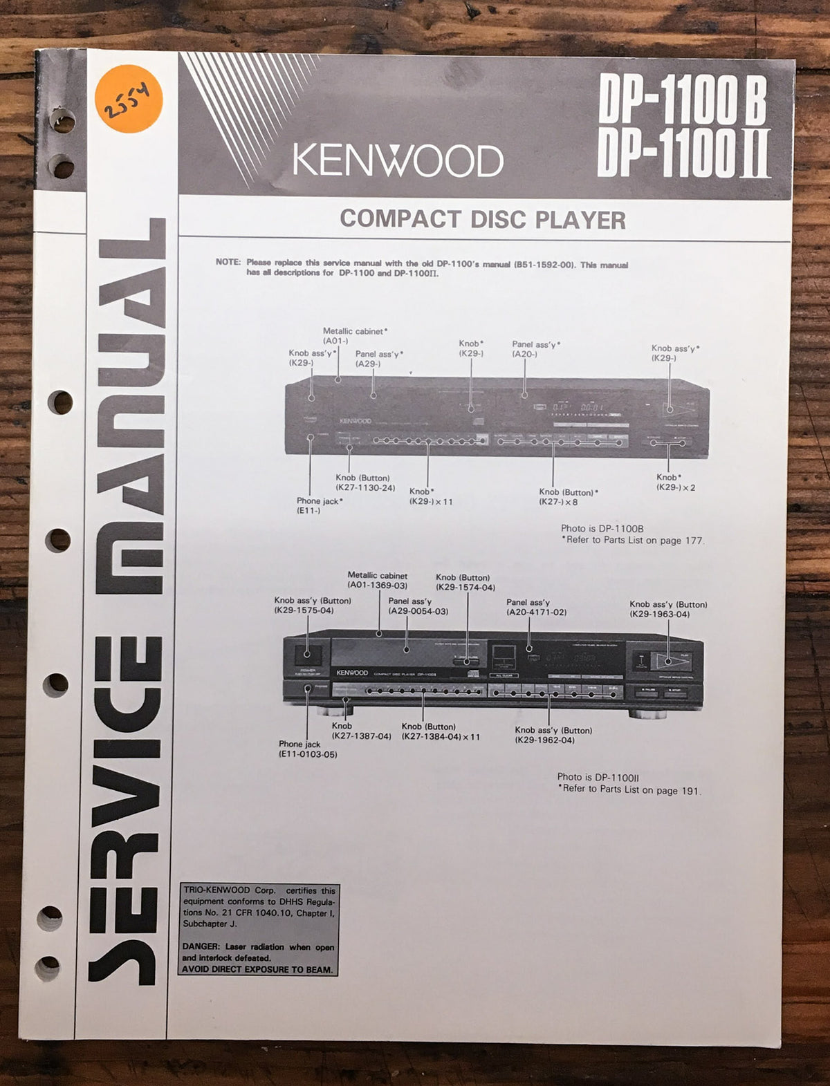 Kenwood DP-1100 B DP-1100 II CD Player Service Manual *Original*
