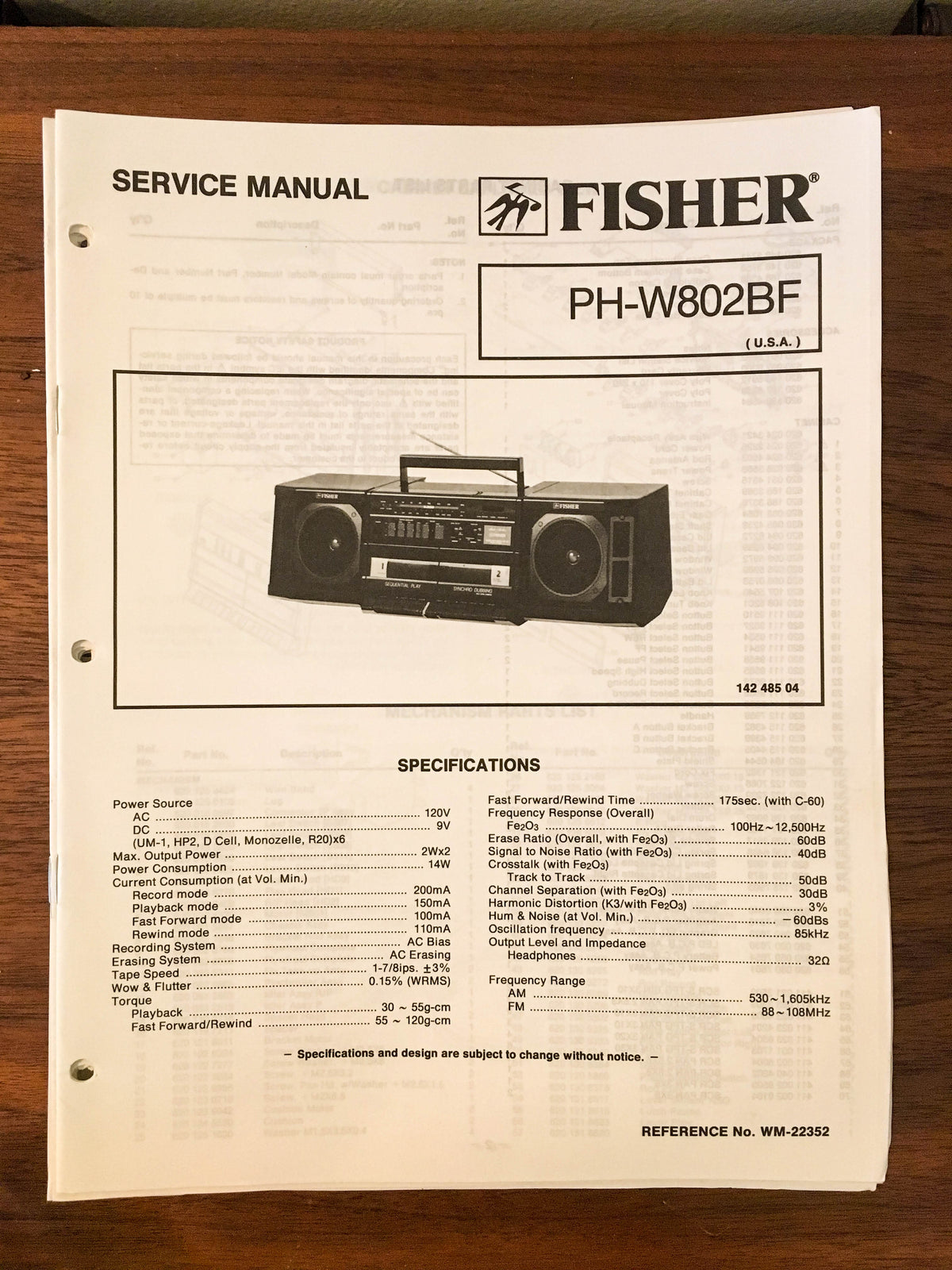 Fisher PH-W802 W802BF Boombox Radio Service Manual *Original*