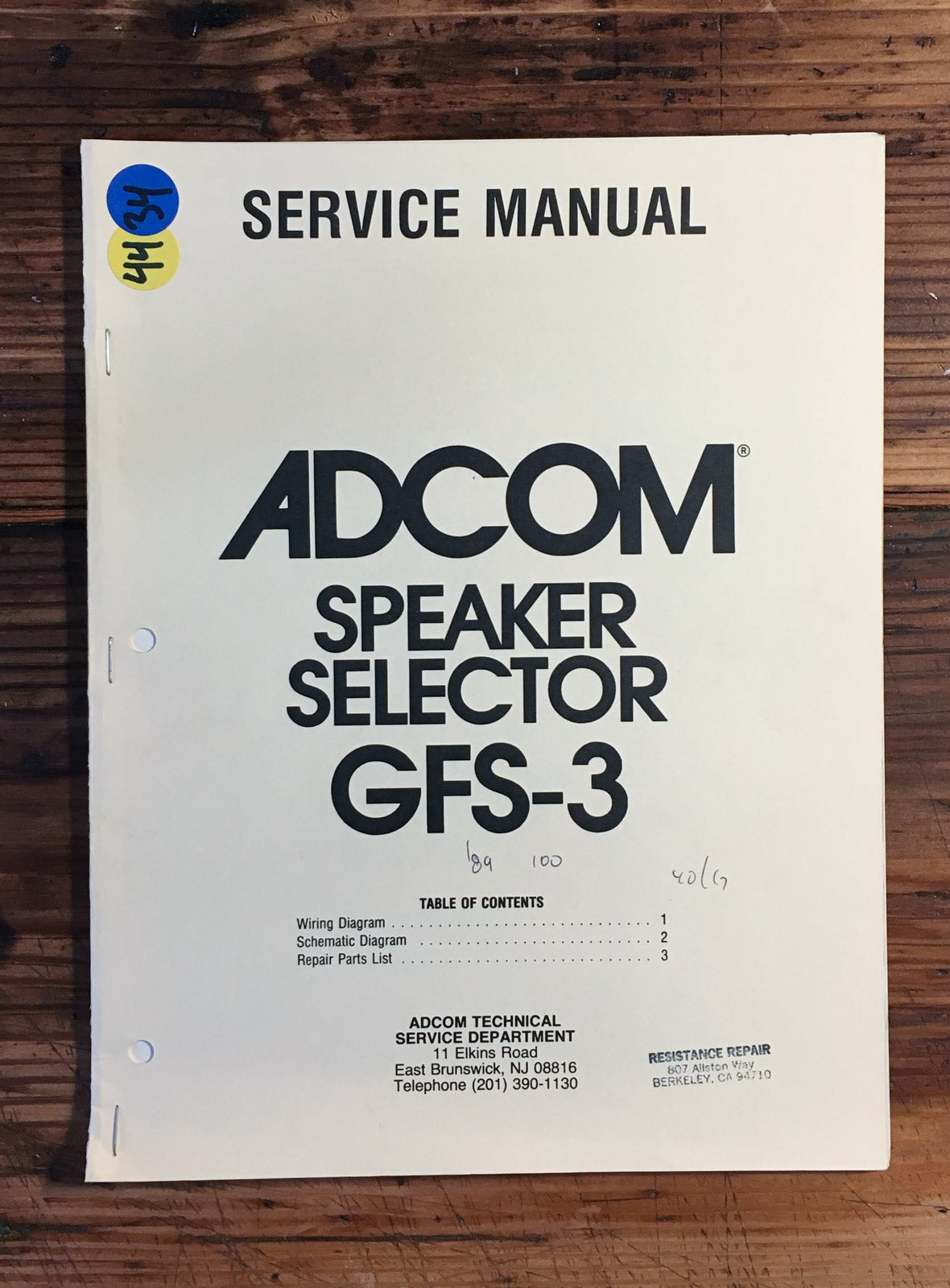 Adcom GFS-3 Speaker Selector Service Manual *Original*