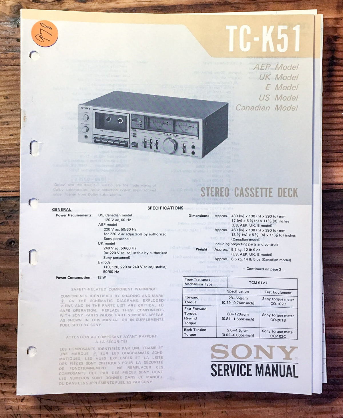 Sony TC-K51 Cassette Deck Service Manual *Original*