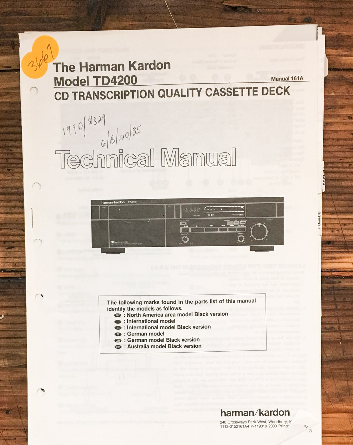 Harman Kardon TD4200 Cassette Service Manual *Original*