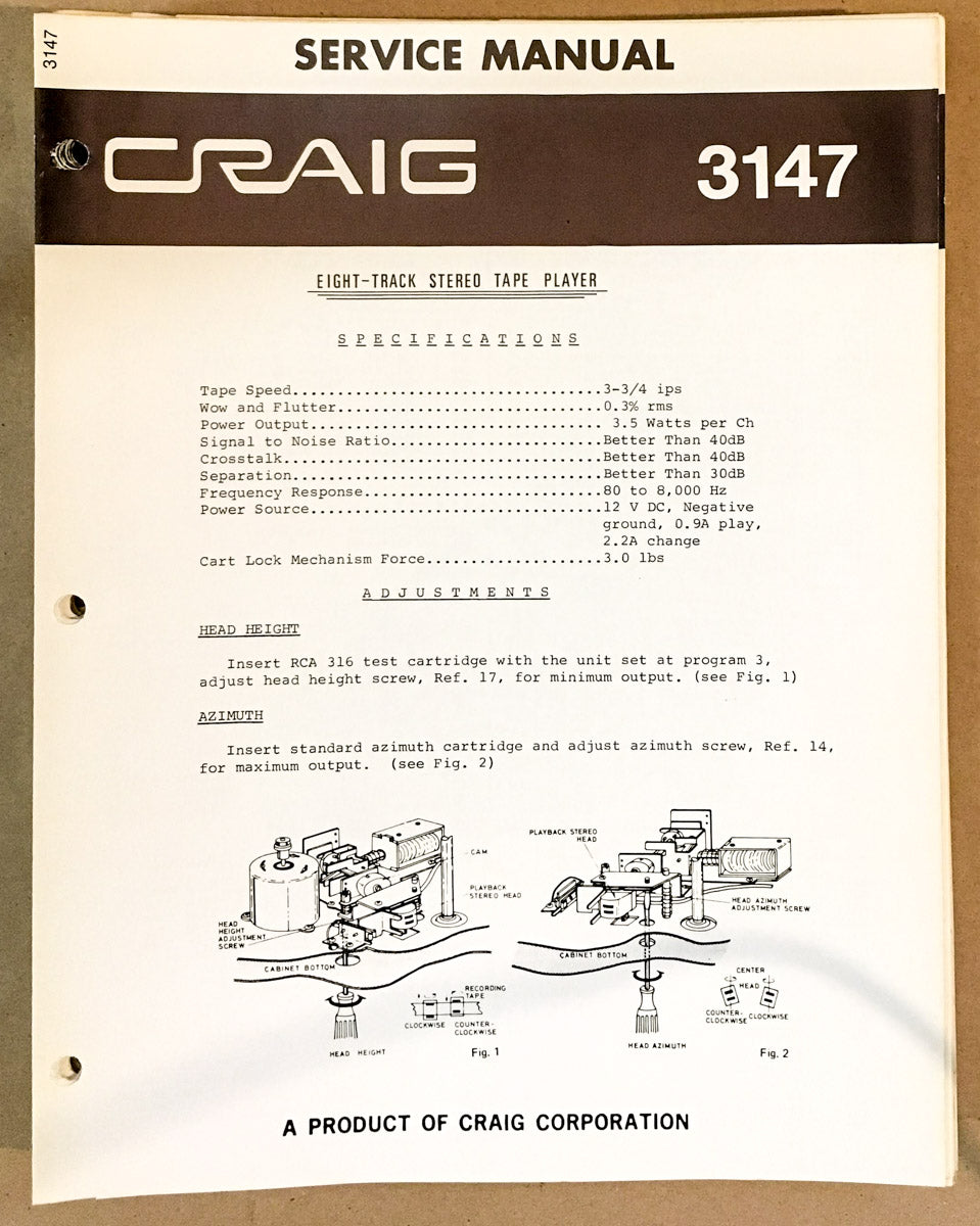 Craig Model 3147 8 Track Stereo Service Manual *Original*
