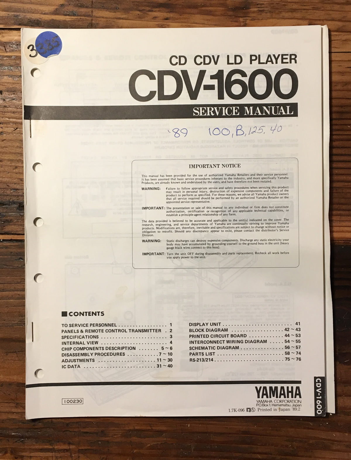 Yamaha CDV-1600 CD CDV LD Player Service Manual *Original*
