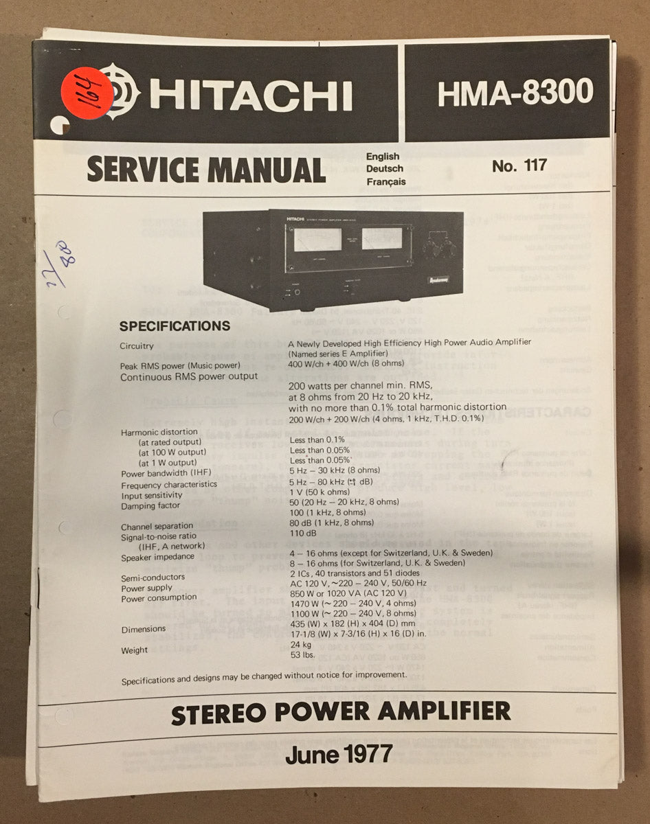 Hitachi HMA-8300 Amplifier Service Manual *Original*