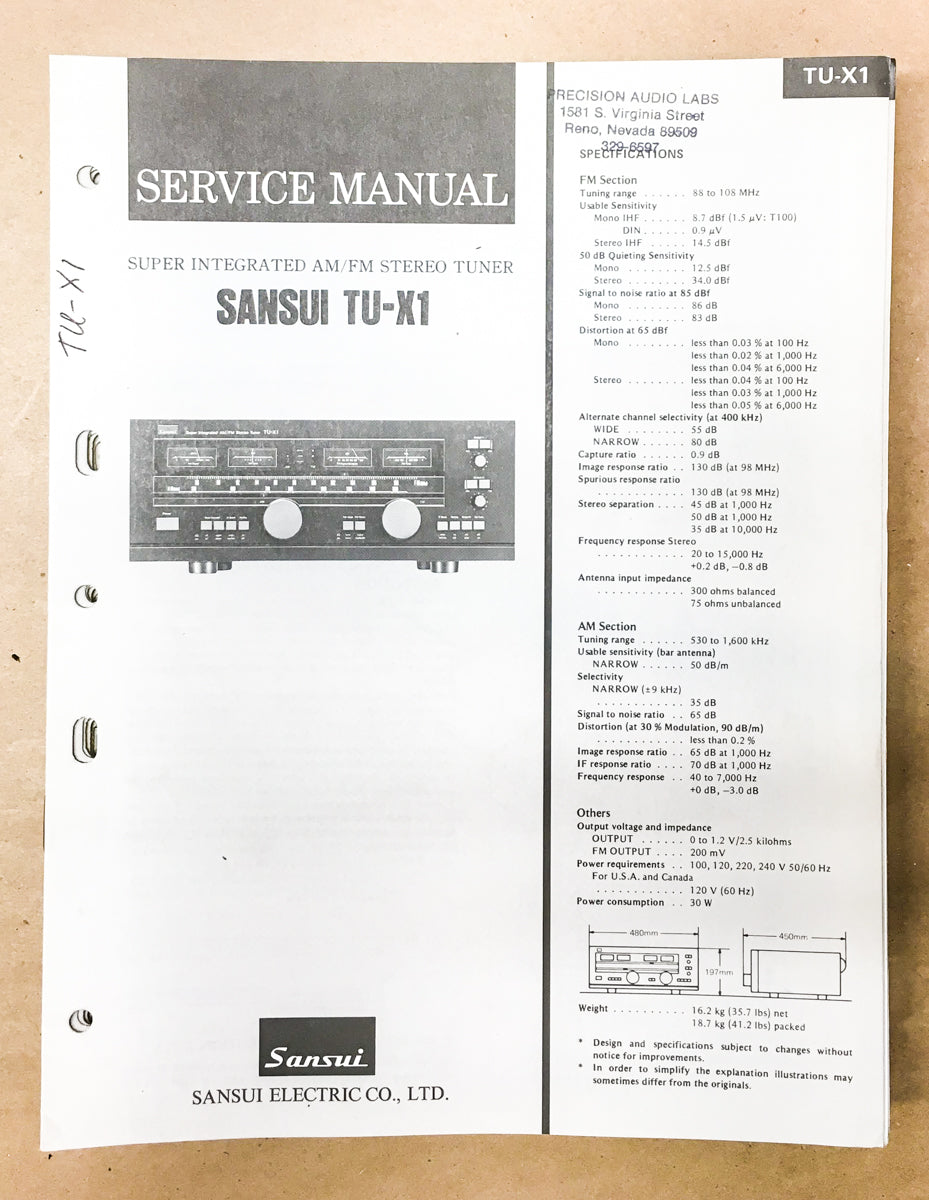 Sansui TU-X1 Tuner Service Manual *Original* #2
