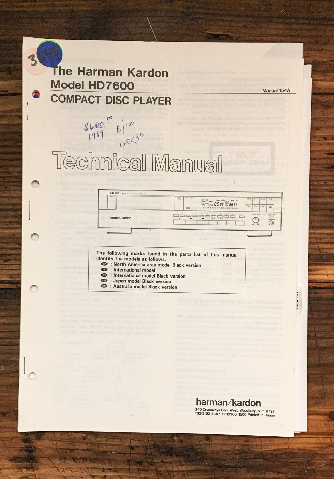 Harman Kardon 7600 HD-7600 CD Player Service Manual *Original*