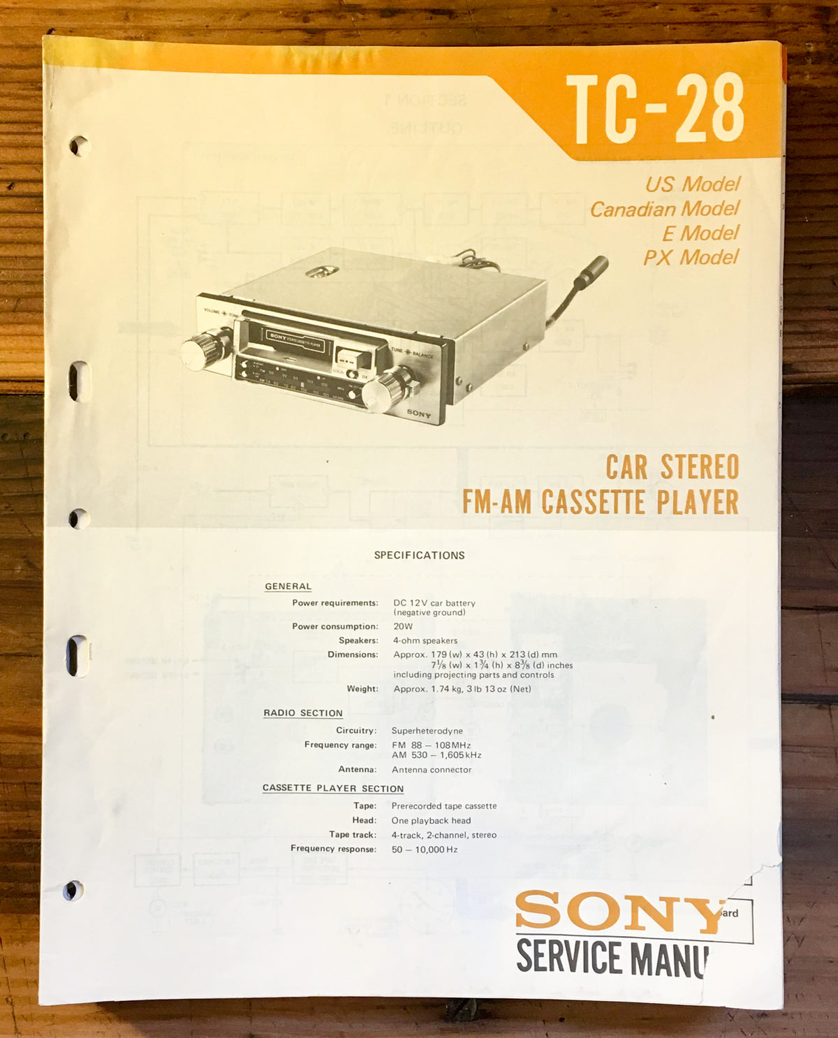Sony TC-28 Car Stereo Service Manual *Original*