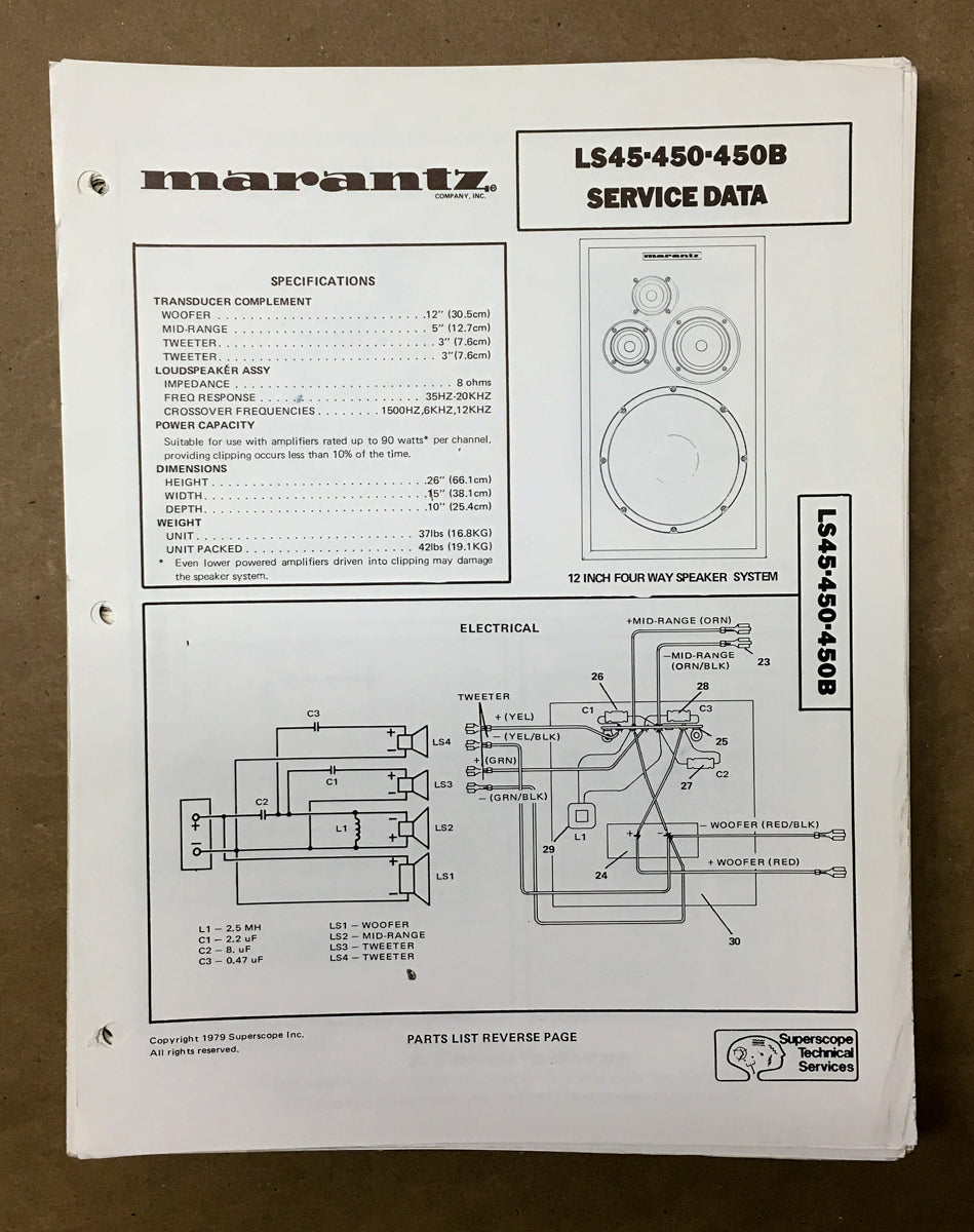 Marantz LS45 LS450 LS450B Speaker Service Manual *Original*